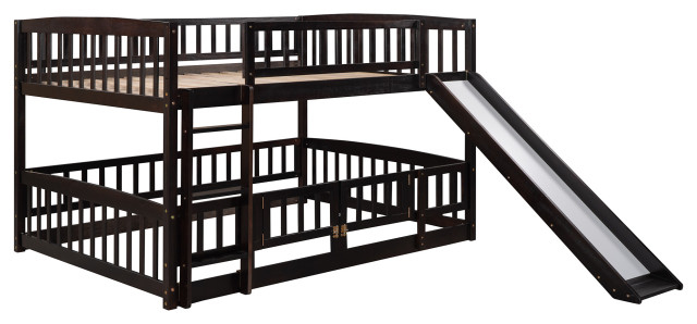 Gewnee Full Over Full Low Bunk Bed With Fence And Ladder In Espresso ... throughout Gewnee Full Over Full Low Bunk Bed With Slide And Fence In White