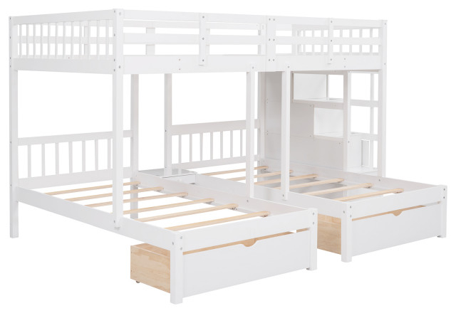 Gewnee Full Over Twin & Twin Bunk Bed, Wood Triple Bunk Bed In White ... intended for Gewnee Twin Over Twin & Twin Bunk Beds For 3