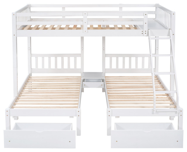 Gewnee Full Over Twin Wood Triple Bunk Bed With Drawers In White ... with Gewnee Velvet Full Over Twin Triple Bunk Bed With Drawers In Beige
