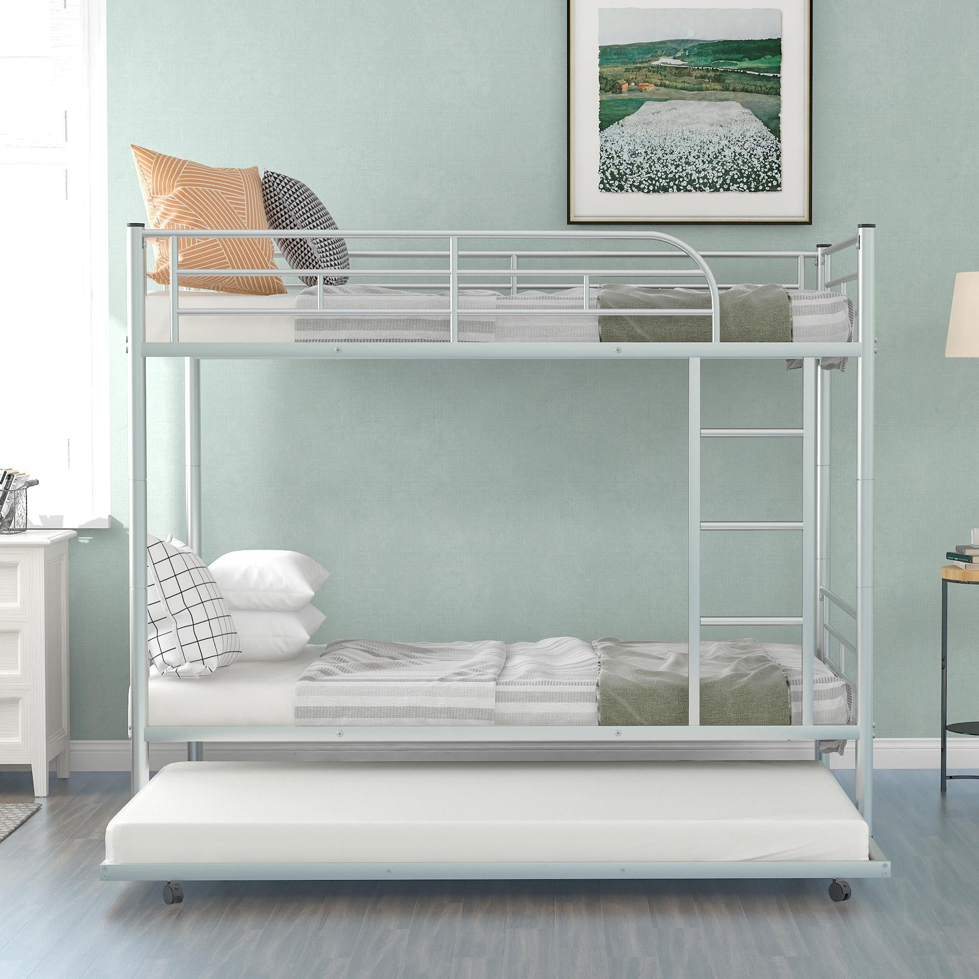 Gewnee Metal Twin Over Twin Bunk Bed With Trundle For Kids Adults Teens ... with Safety First Understanding Full Length Guardrails in Gewnee Bunk Beds