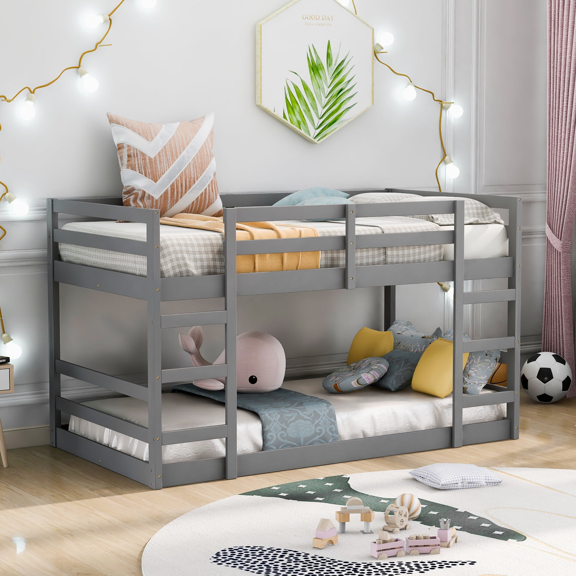 Gewnee Solid Wood Twin Over Twin Floor Bunk Bed With Ladders And ... for Maximizing Small Spaces with the Gewnee Twin XL over Queen Bunk Bed's Smart Design