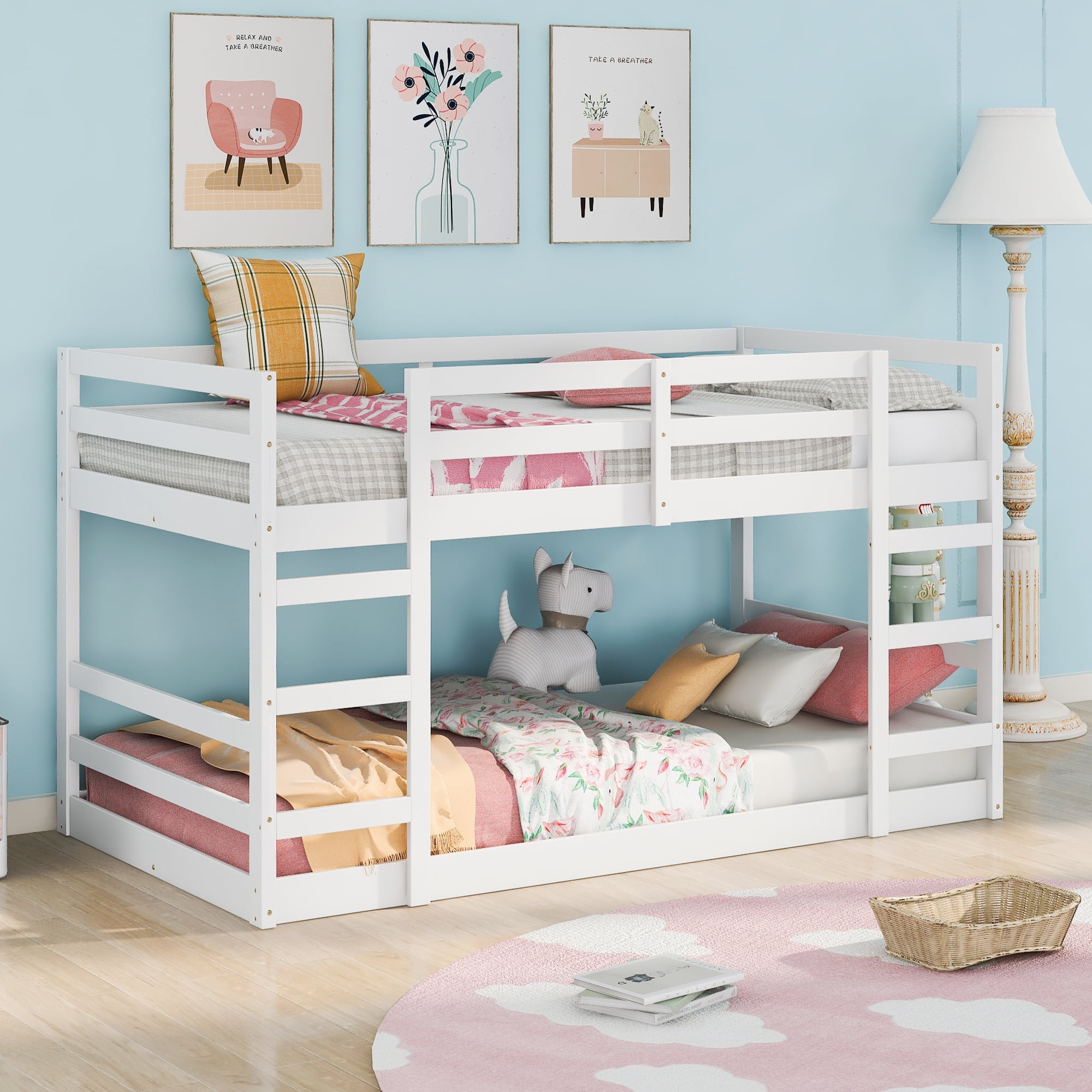 Gewnee Solid Wood Twin Over Twin Floor Bunk Bed With Ladders And ... for Maximizing Small Spaces with the Gewnee Twin XL over Queen Bunk Bed's Smart Design