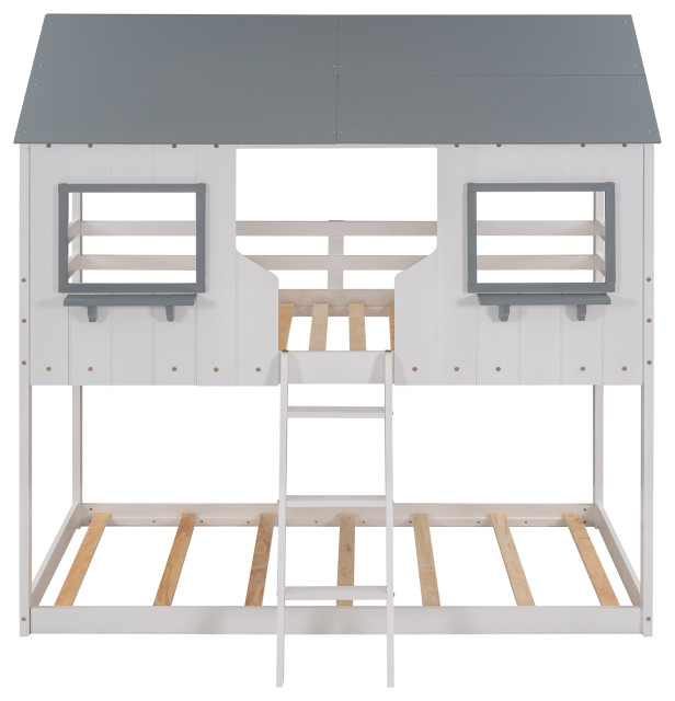 Gewnee Twin Over Twin Bunk Bed With Roof, Window And Ladder In White ... with Gewnee Twin Over Twin & Twin Bunk Beds For 3