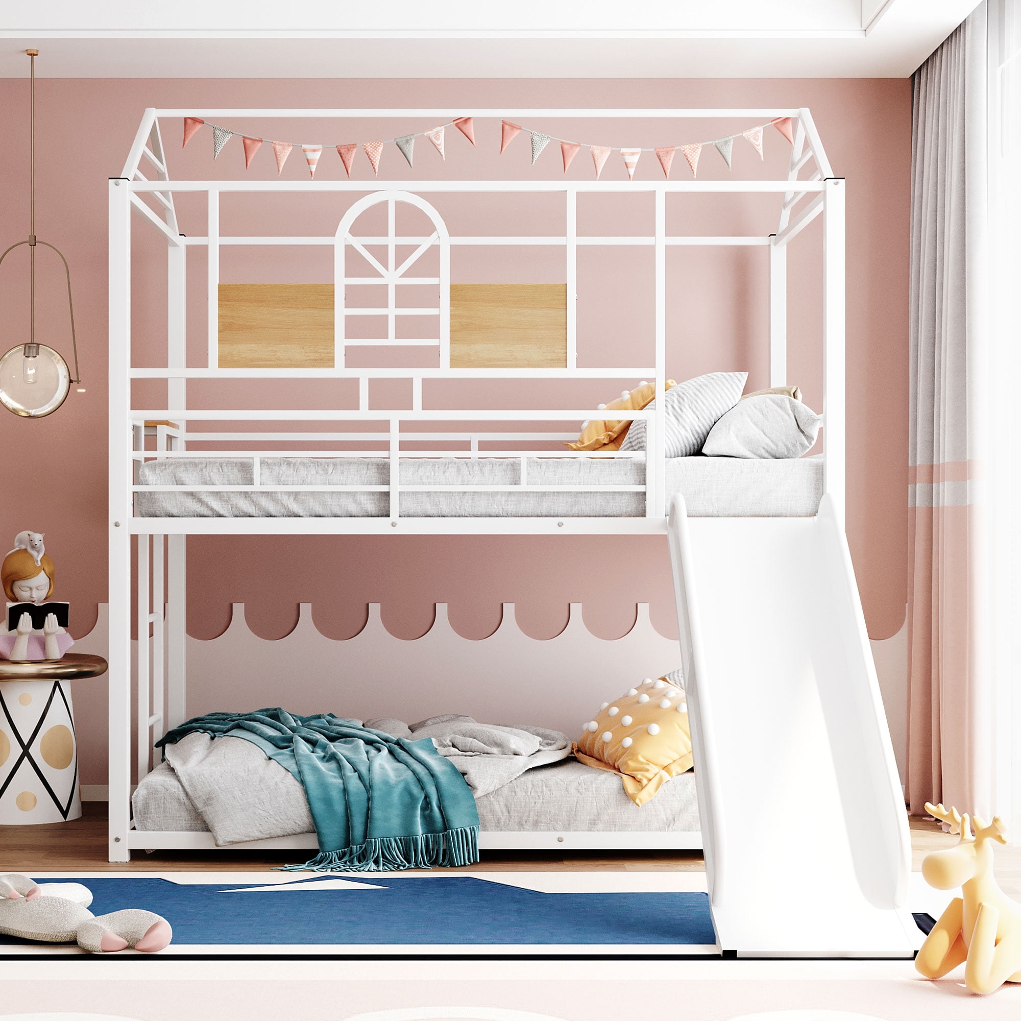 Gewnee Twin Over Twin Bunk Bed,Metal House Bed With Slide And Ladder ... with Gewnee Twin Xl Over Twin Xl Metal Bunk Bed