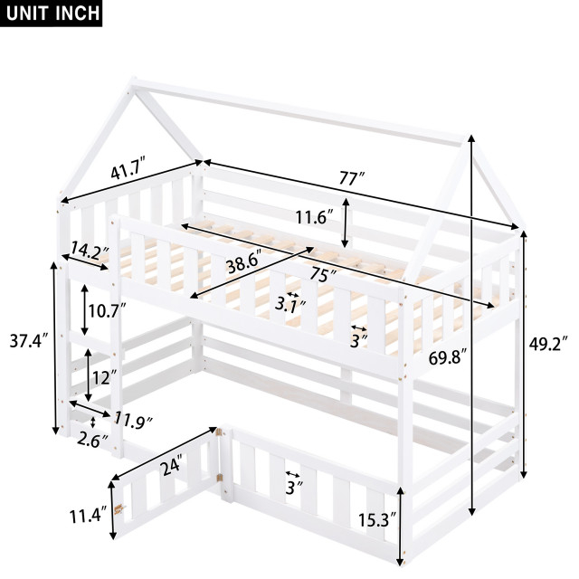 Gewnee Twin Over Twin House Bunk Bed With Fence And Door - Transitional ... with regard to Gewnee Twin Over Twin & Twin Bunk Beds For 3