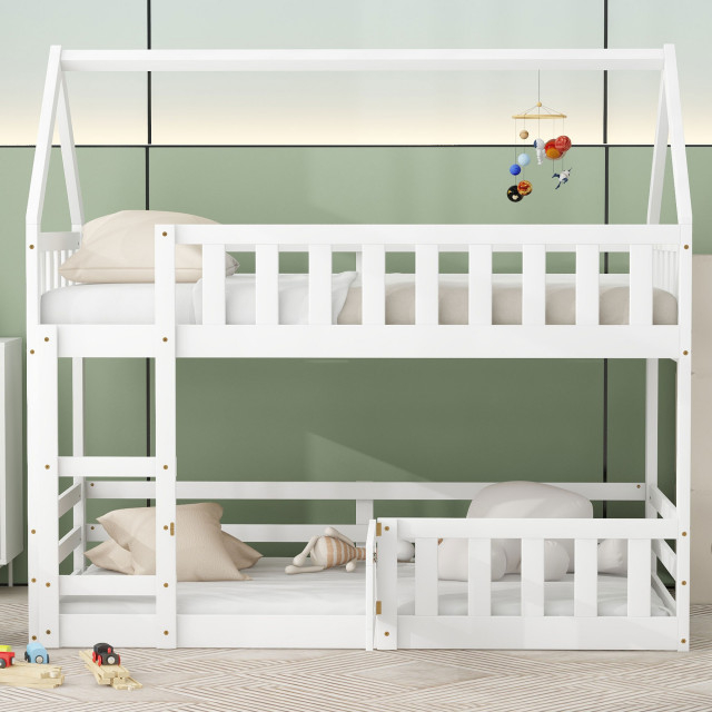 Gewnee Twin Over Twin House Bunk Bed With Fence And Door - Transitional ... within Gewnee Bunk Bed Twin Over Twin Size With 2 Ladders And Full-Length Guardrail