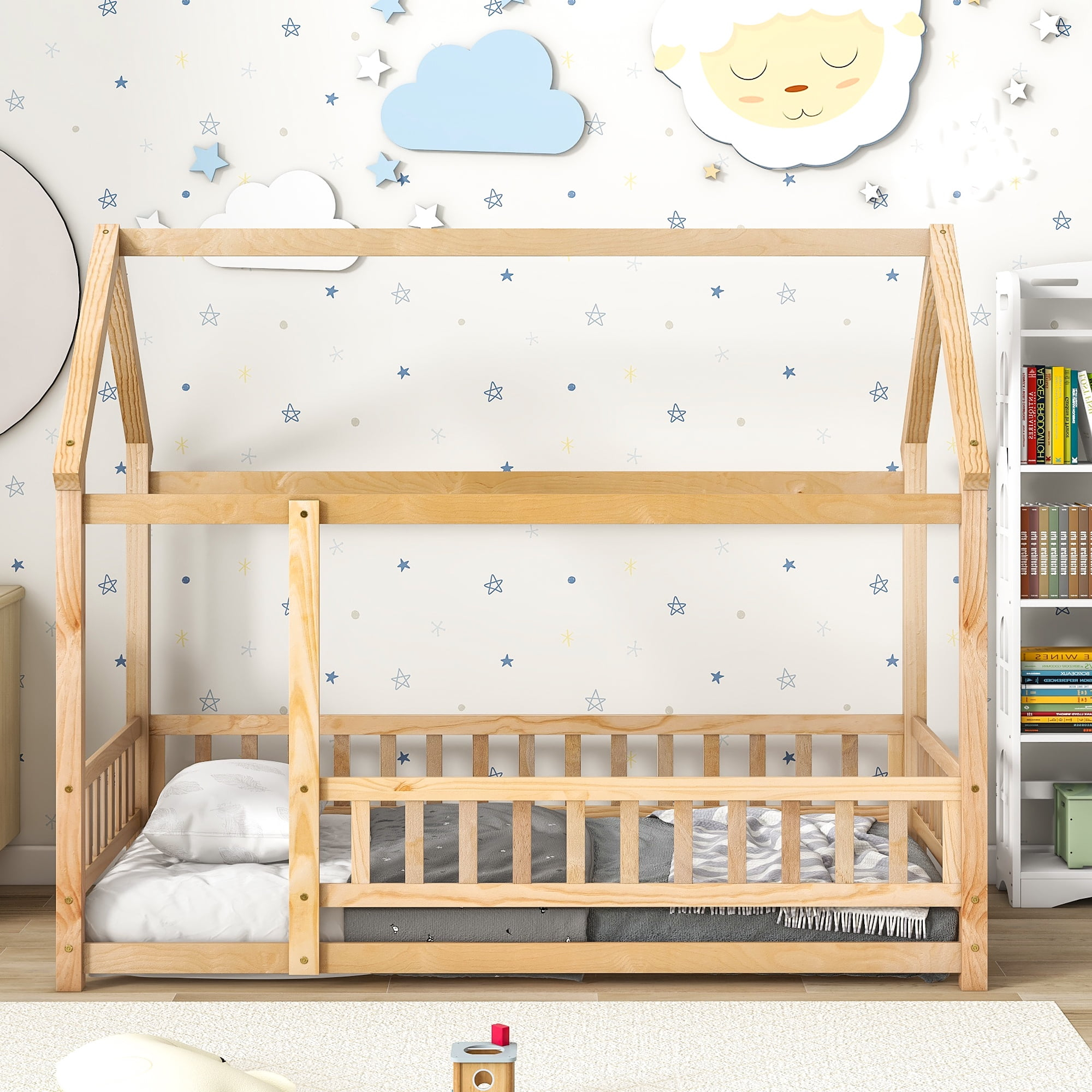 Gewnee Twin Size House Bed Wooden Floor Bed With Roof And Fence For ... for Gewnee Twin Size Wood Bed House Bed Frame With Fence