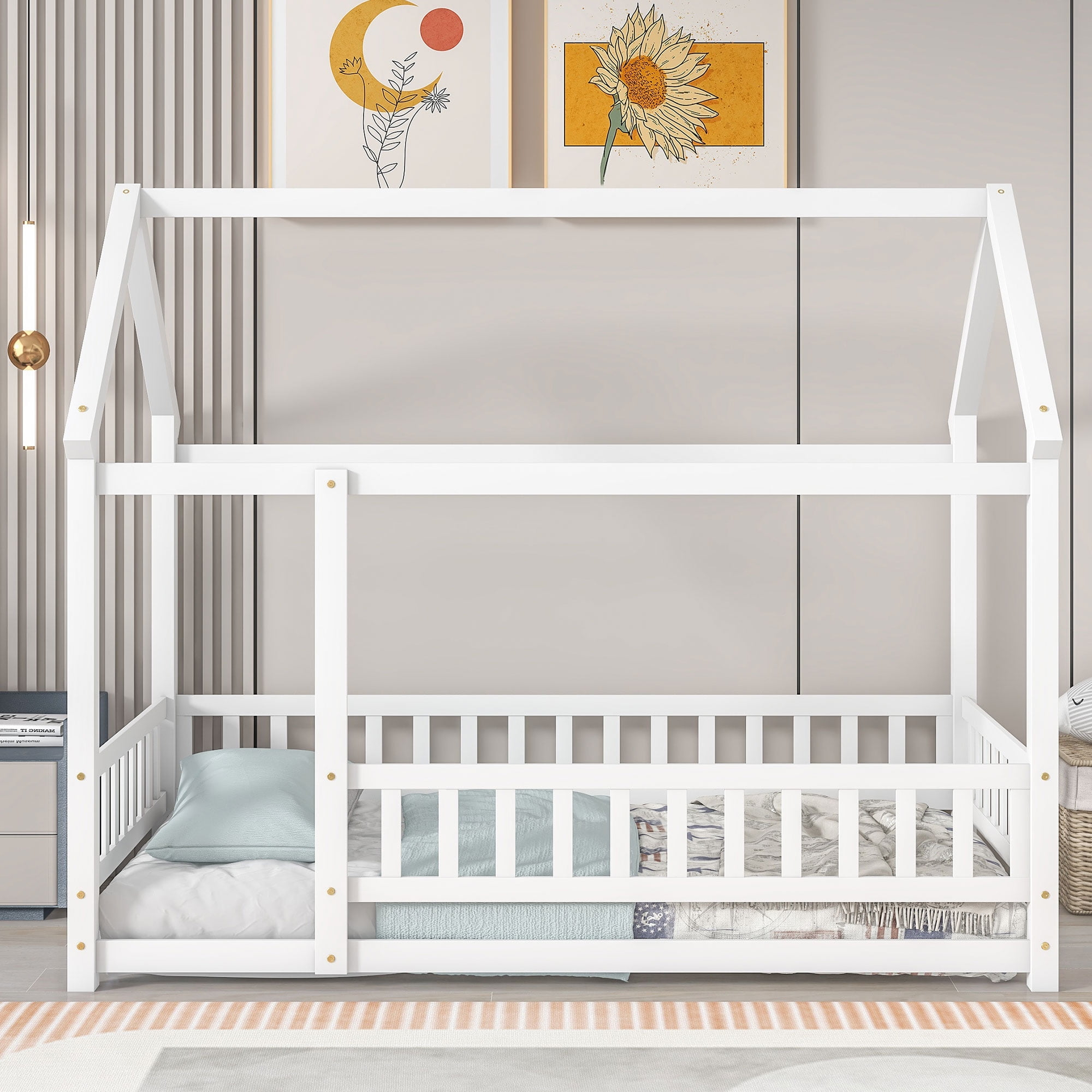 Gewnee Twin Size House Bed Wooden Floor Bed With Roof And Fence For ... intended for Gewnee Twin House Beds A Parent's Guide to Comfort, Safety, and Style