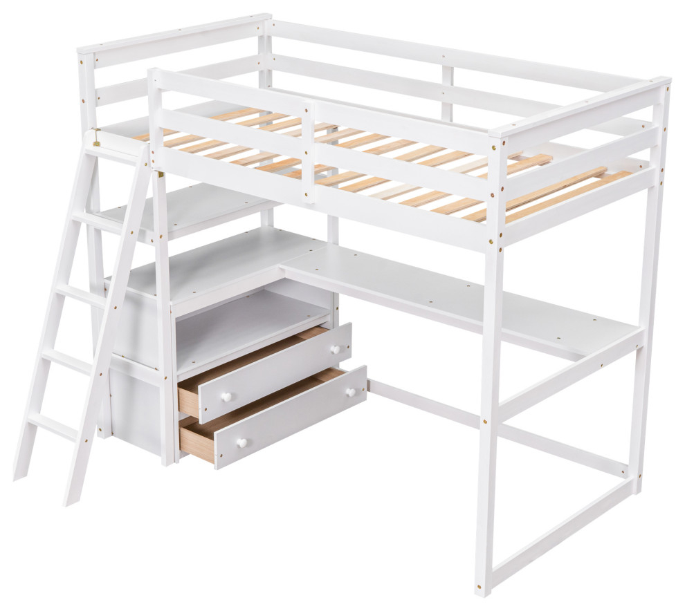Gewnee Twin Size Loft Bed With Desk And Shelves In White - Transitional ... regarding Gewnee Twin Loft Bed With Desk And Storage Wardrobe