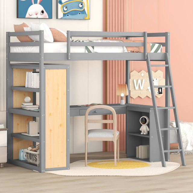 Gewnee Twin Size Loft Bed With Ladder, Shelves, And Desk - Transitional ... throughout Gewnee Twin Loft Bed With Desk And Storage Wardrobe