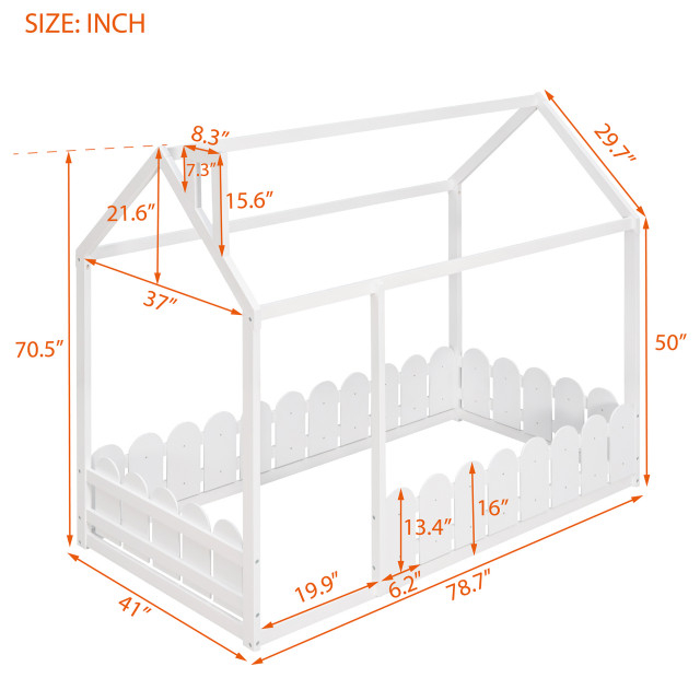 Gewnee Twin Size Wood Bed House Bed Frame With Fence, For Kids, In ... within Gewnee Twin Size Wood Bed House Bed Frame With Fence