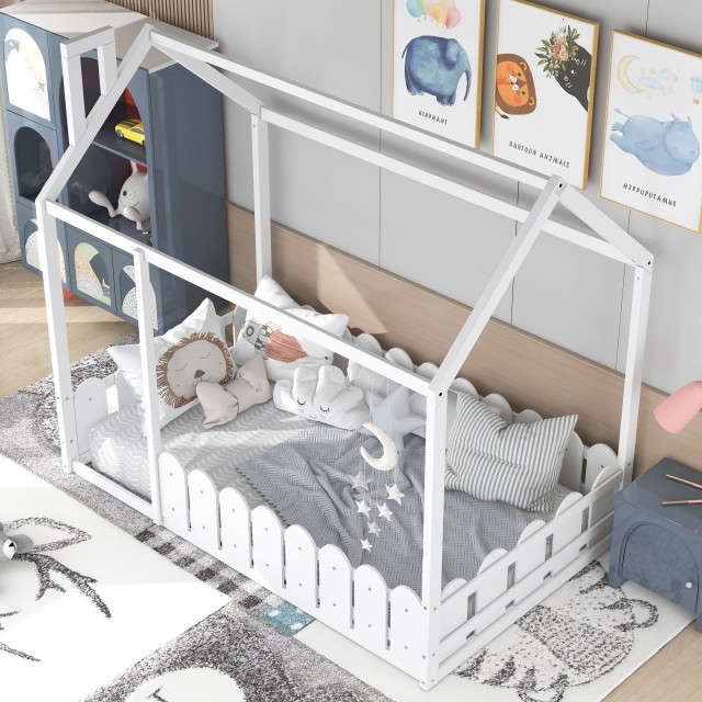 Gewnee Twin Size Wood Bed House Bed Frame With Fence, For Kids, In ... within Gewnee Twin Size Wood Bed House Bed Frame With Fence