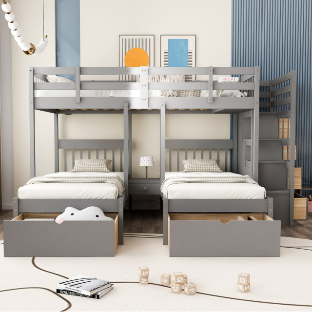 Gewnee Wood Full Over Twin & Twin Triple Bunk Bed With Drawers In Gray ... with regard to Assembling Your Gewnee Velvet Bunk Bed A Step by Step Guide for a Smooth Setup
