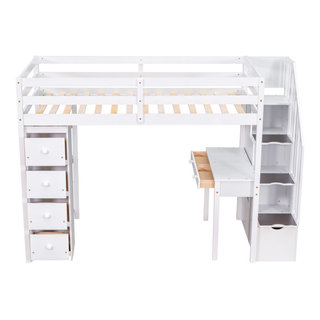 Gewnee Wood Twin Loft Bed With Drawers And Desks In White ... regarding Maximizing Space with a Gewnee Twin Loft Bed Insights and Strategies