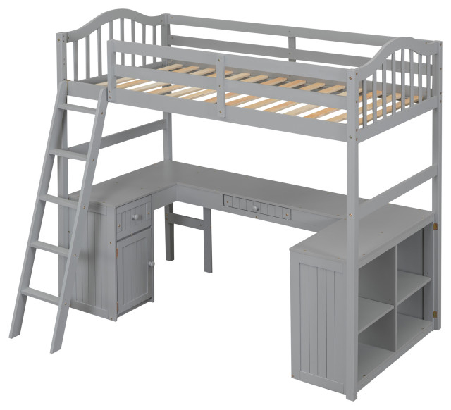 Gewnee Wood Twin Loft Bed With Drawers, Shelves And Desk In Gray ... in Maximizing Space with a Gewnee Twin Loft Bed Insights and Strategies