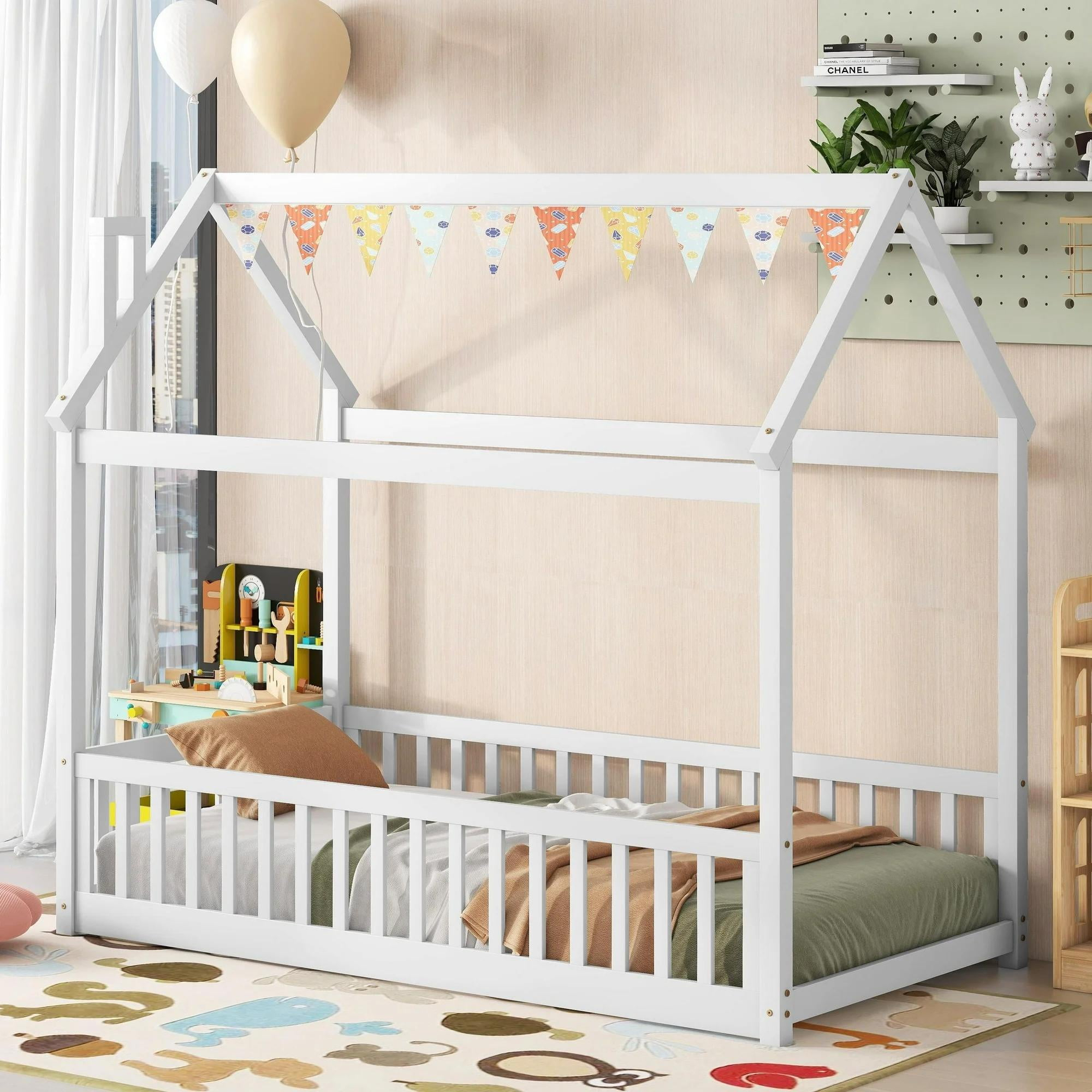 Gewnee Wooden Twin Size Floor Bed Frame,House Bed With Roof And ... in Gewnee Twin House Beds A Parent's Guide to Comfort, Safety, and Style