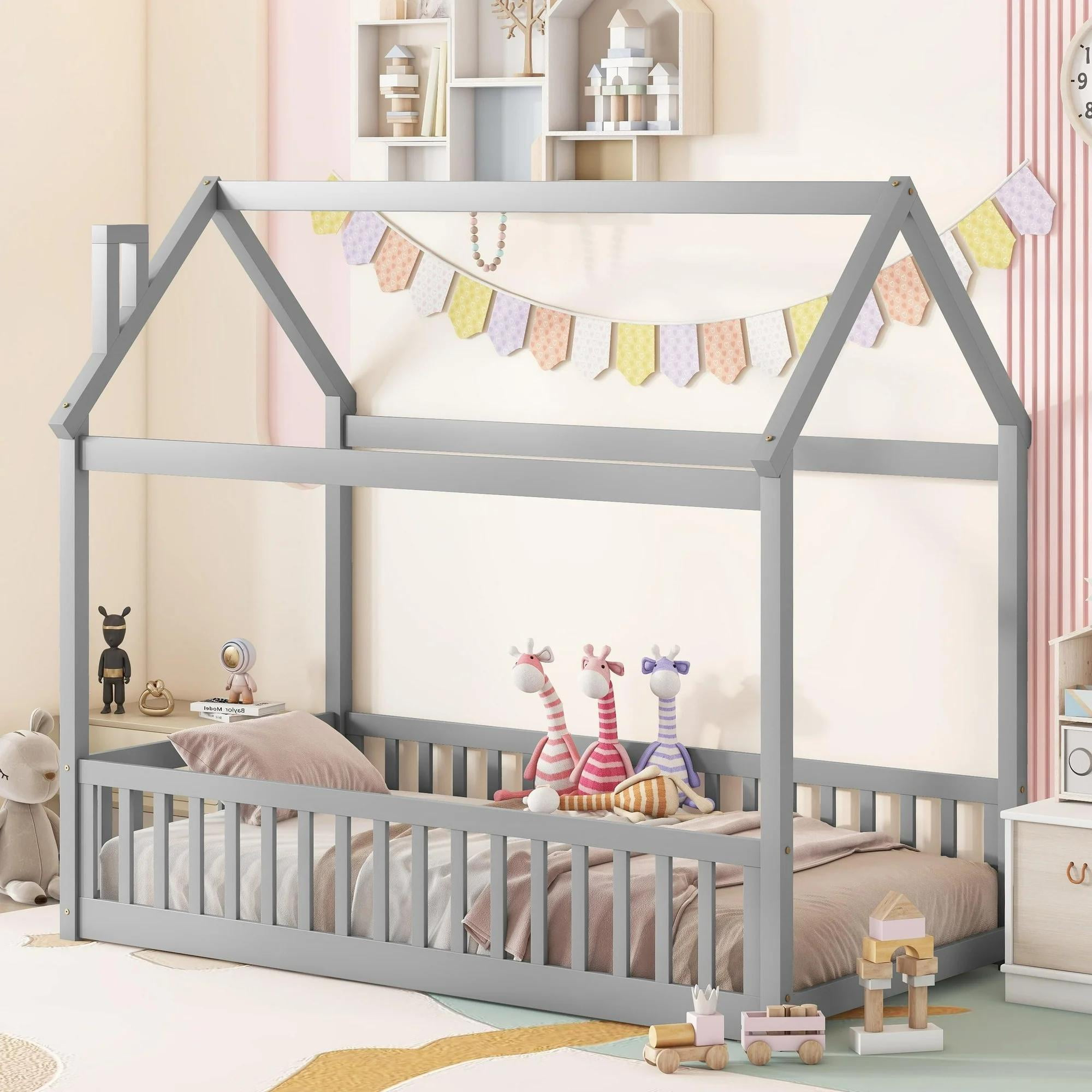 Gewnee Wooden Twin Size Floor Bed Frame,House Bed With Roof And ... throughout Gewnee Twin House Beds A Parent's Guide to Comfort, Safety, and Style