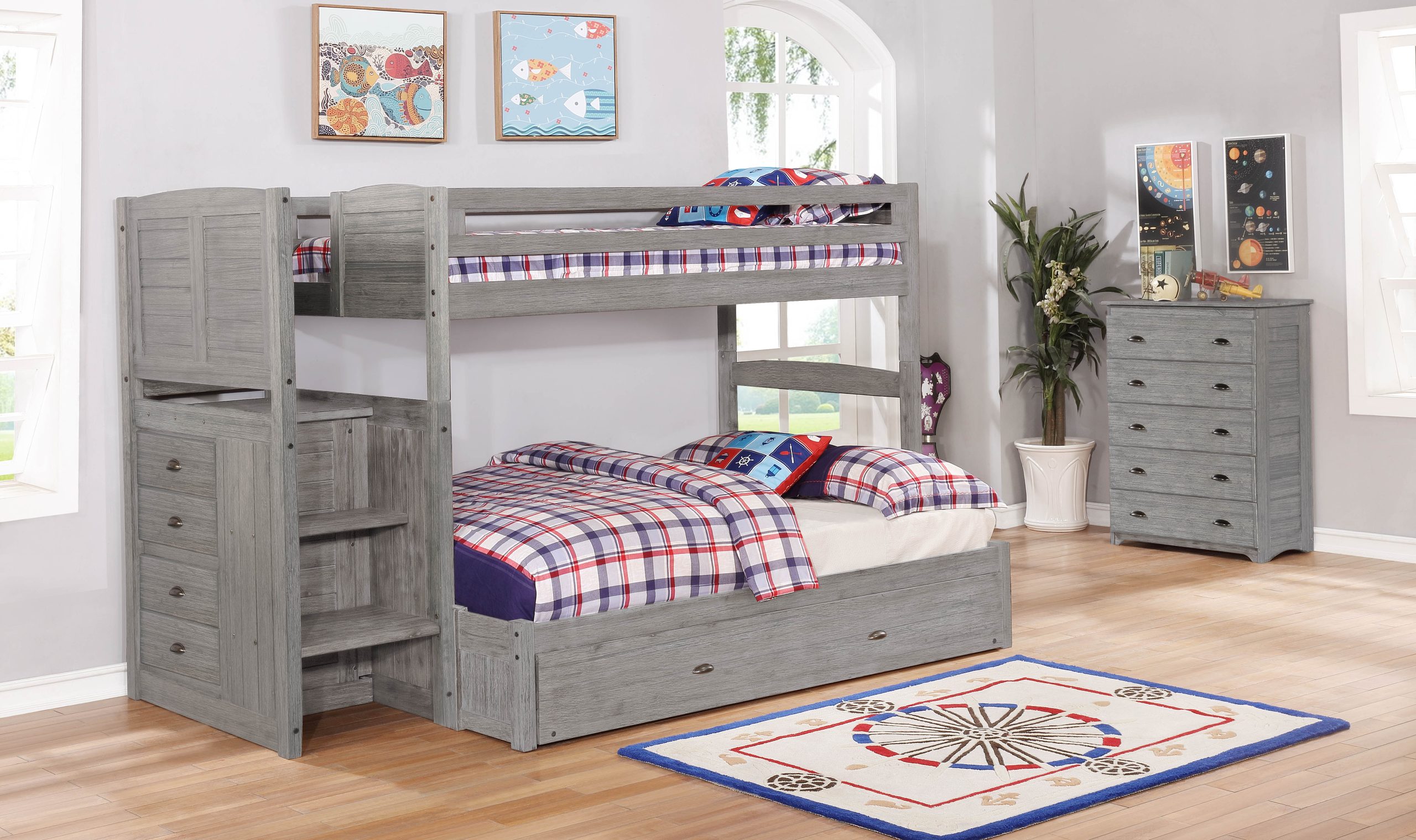 Gray Bunk Beds In Bedroom At Bridget Huizenga Blog within Gewnee Wooden Twin Over Full Bunk Bed With Storage Drawers In Gray