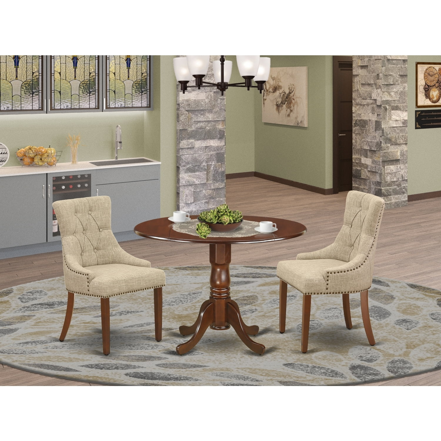 Homestock French Flair 3Pc Dinette Set Includes A Rounded Kitchen Table ... regarding 3-Piece Set, Kitchen Table, 2 Parson Chairs-Doeskin Fabric, Mahogany