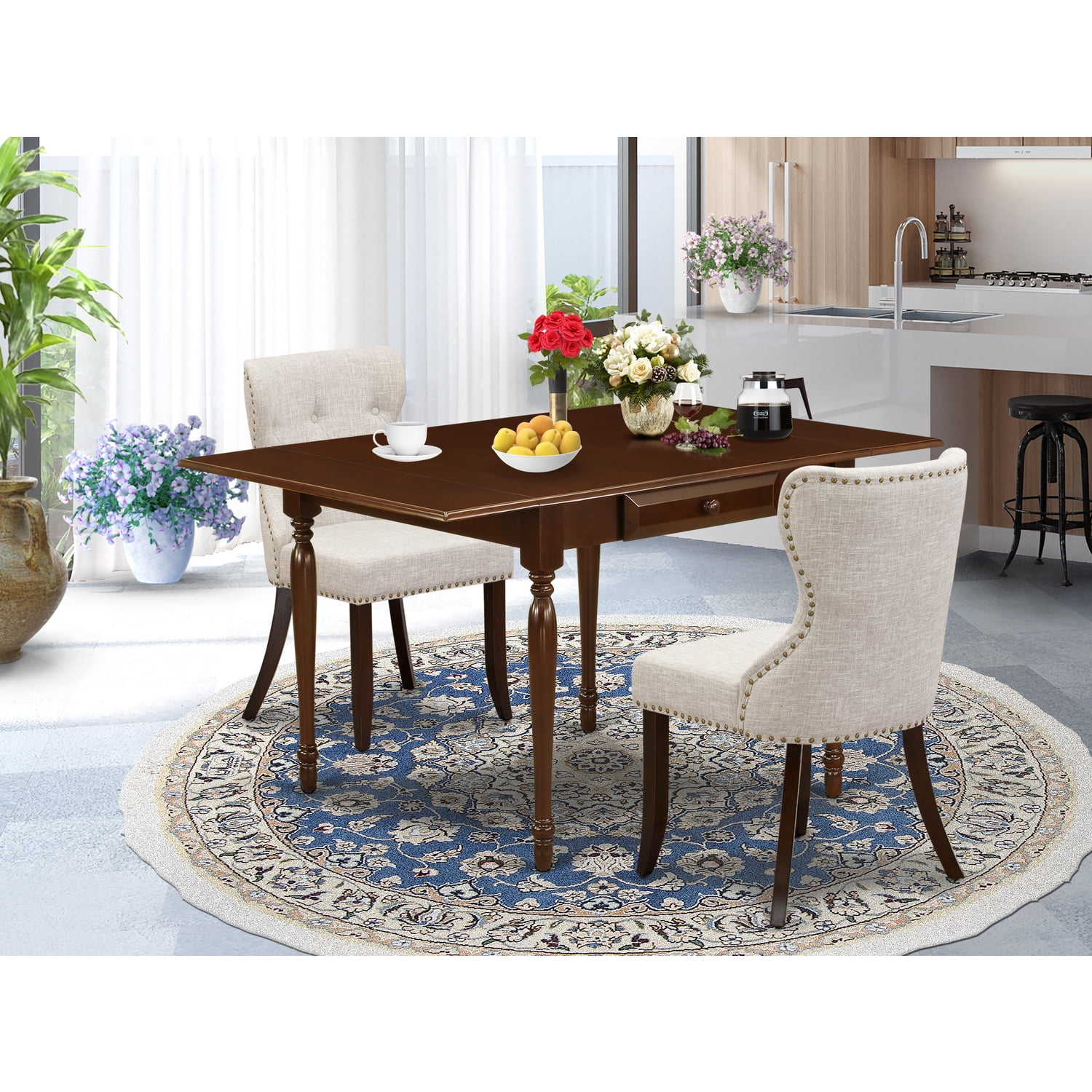 Homestock Renaissance Romance - 3 Piece Kitchen Dining Set Of Two ... pertaining to 3-Piece Set, Kitchen Table, 2 Parson Chairs-Doeskin Fabric, Mahogany