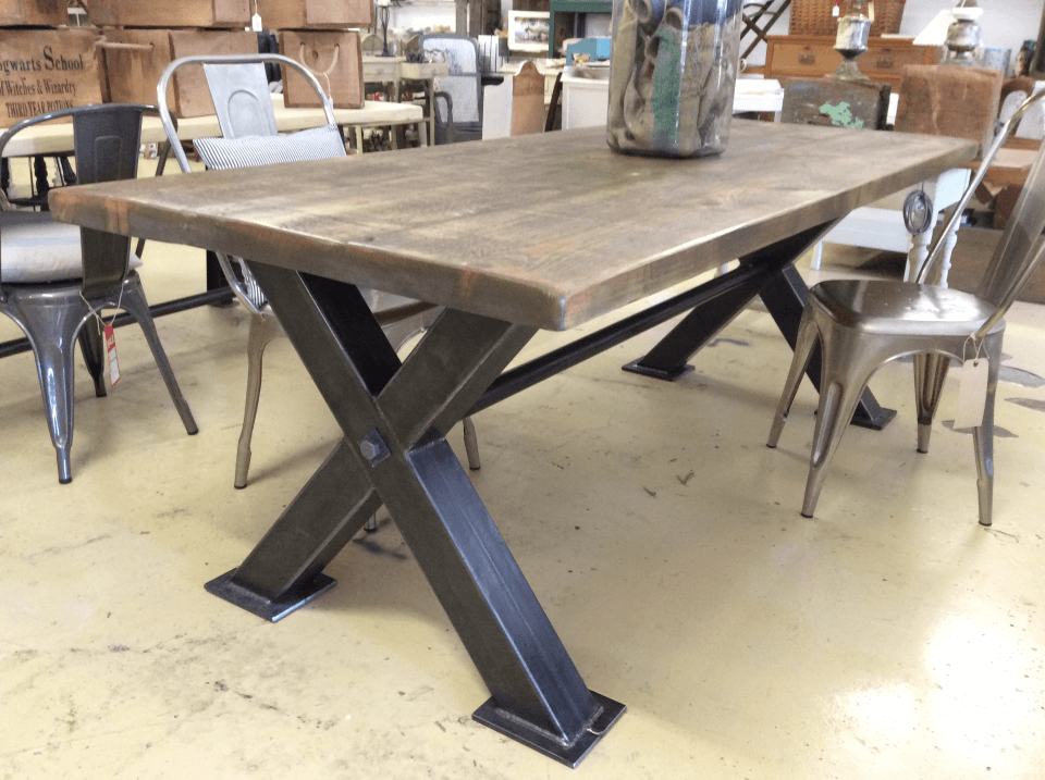 Industrial Steel Dining Table Metal Base Dining Table, Dinning Room ... regarding Chestnut Cedar Top Dining Table, Industrial Metal Base & Industrial Style