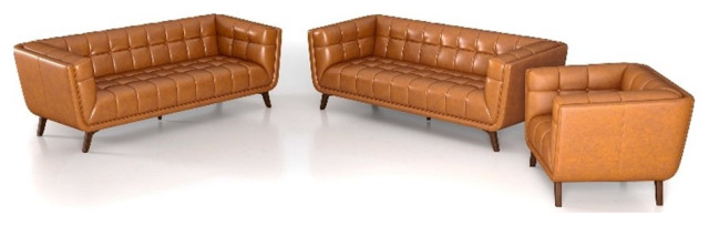Kai Mid-Century Pillow Back Leather Living Room Set In Tan - Midcentury ... in Ferris Mid-Century Pillow Back Leather Sofa Set In Tan