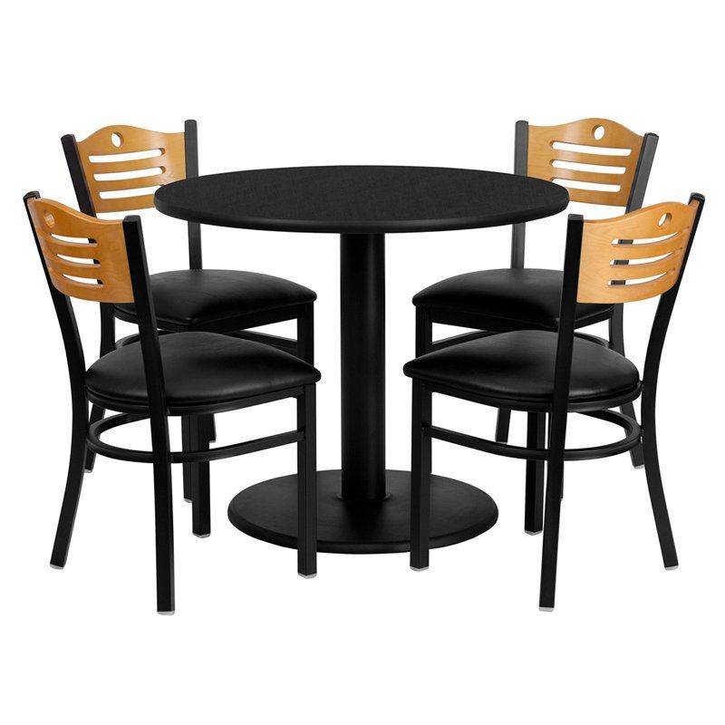 Laminate Table Set 36 Inch Round Dining Height | Commercial Slat Chairs with 5-Piece Round 36" Table And 4 Vertical Slatted Chairs