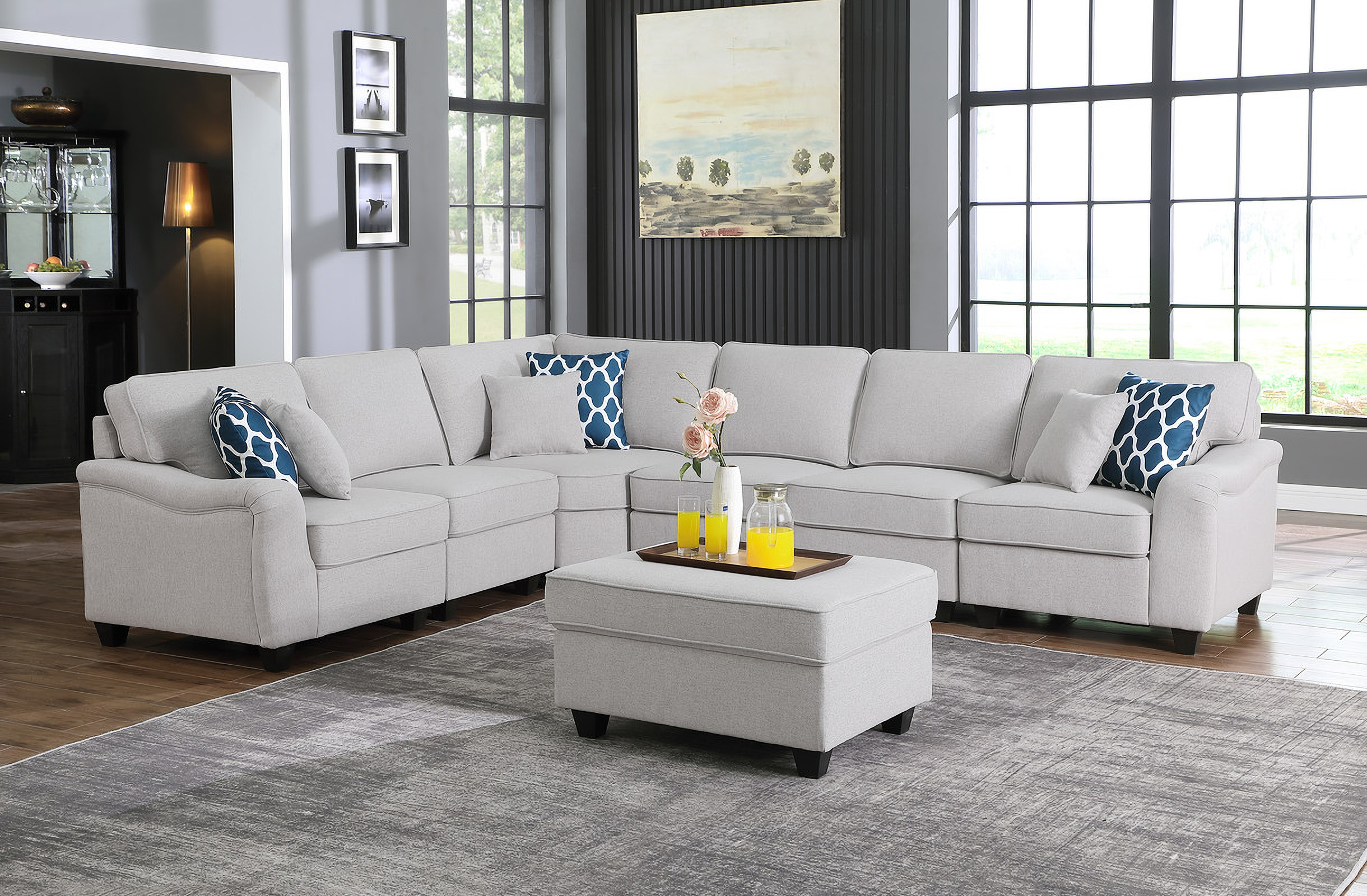 Leo Light Gray Linen 7 Piece Modular L-Shape Sectional Sofa And Ottoman ... for Casanova Light Gray Linen 7Pc Modular L-Shape Sectional Sofa With Ottoman