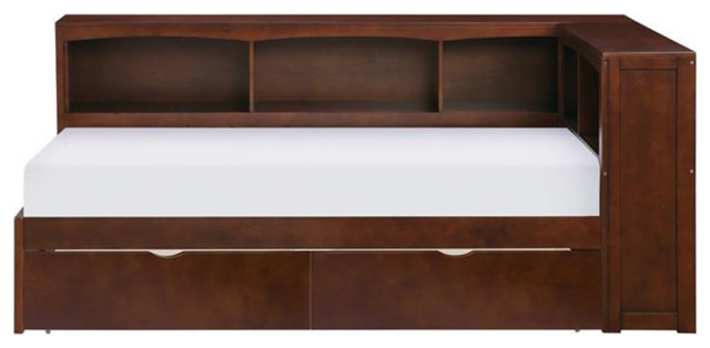 Lexicon Rowe Wood Twin Bookcase Corner Bed With Storage Boxes In Dark ... in Lexicon Rowe Transitional Wood Corner Bunk Bed With Storage Boxes In Dark Cherry