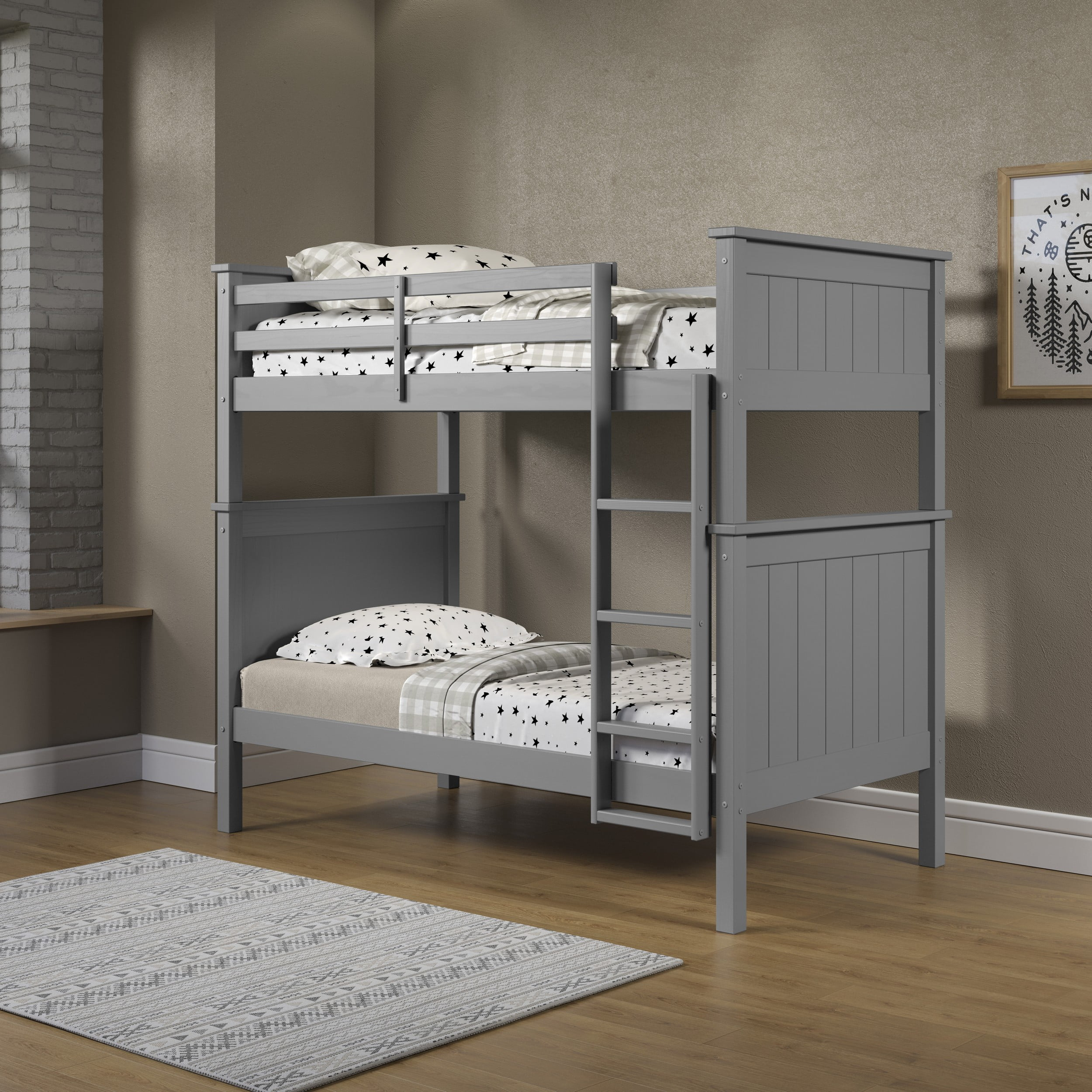 Linon Brigitte Twin Over Twin Bunk Bed, Gray - Walmart.com inside Linon Heavy Metal Twin Over Twin Bunk Bed Attached Ladder In Black