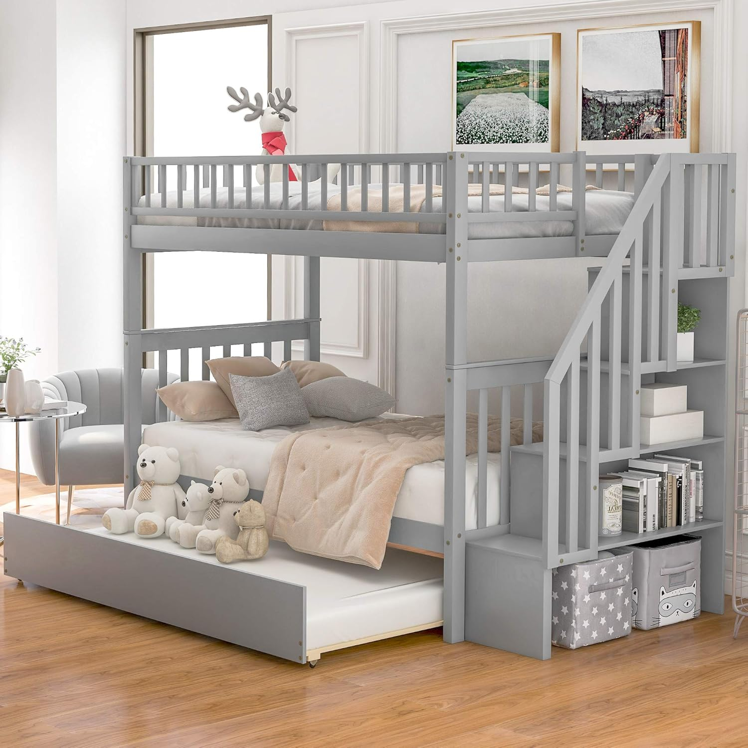 Merax Solid Wood Bunk Bed With Storage, Twin Over India | Ubuy in Gewnee Wooden Twin Over Full Bunk Bed With Storage Drawers In Gray