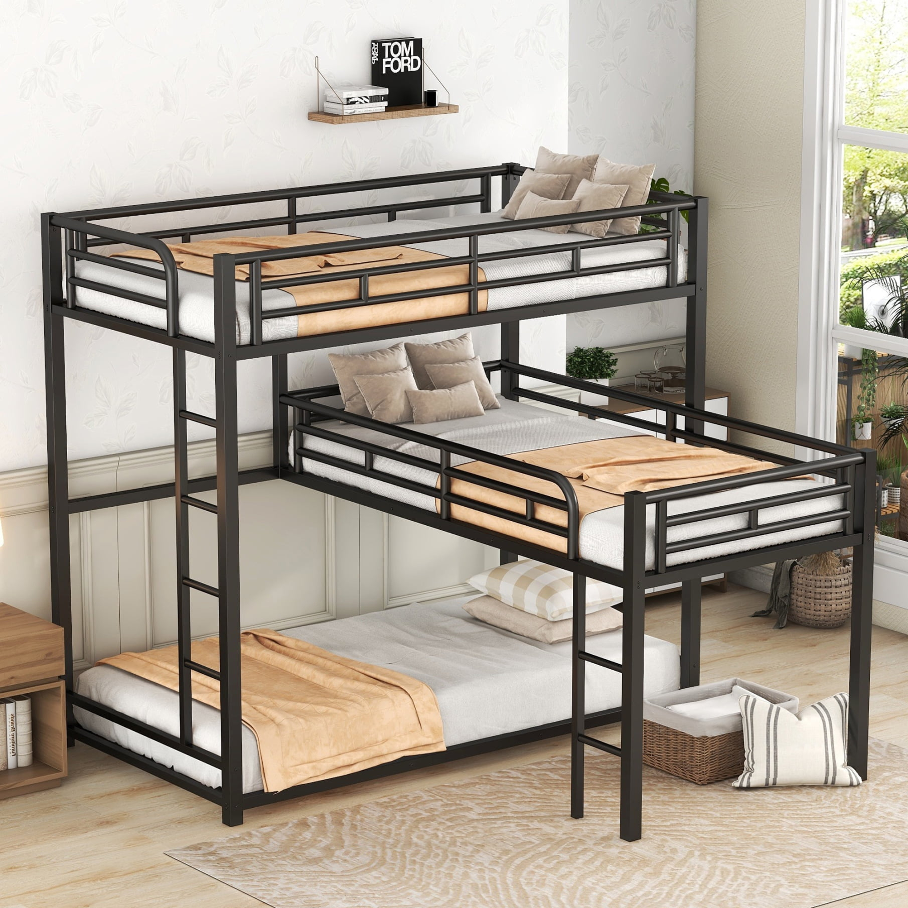 Metal L-Shaped Triple Bunk Bed, Twin Over Twin Over Twin Bunk Bed With ... within Tateus Space-Saving Metal Triple Bunk Bed With Full-Length Guardrails Twin Size, Black