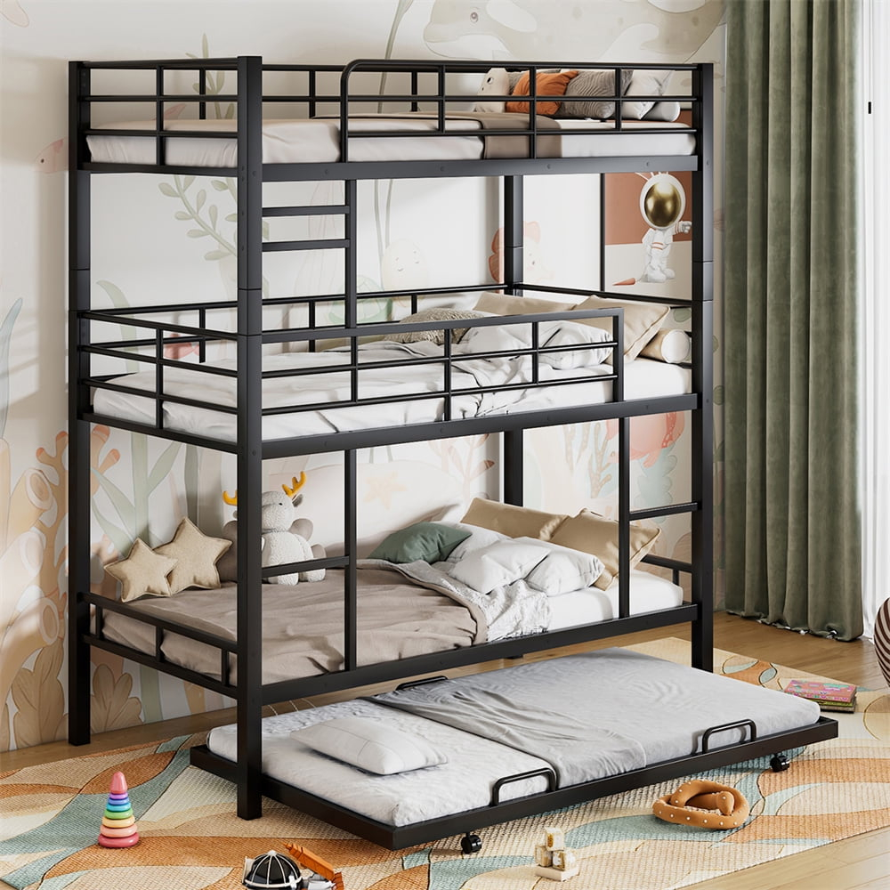Metal Triple Bunk Bed With Trundle, Twin Size Bunk Bed Frame With Long ... throughout Tateus Space-Saving Metal Triple Bunk Bed With Full-Length Guardrails Twin Size, Black