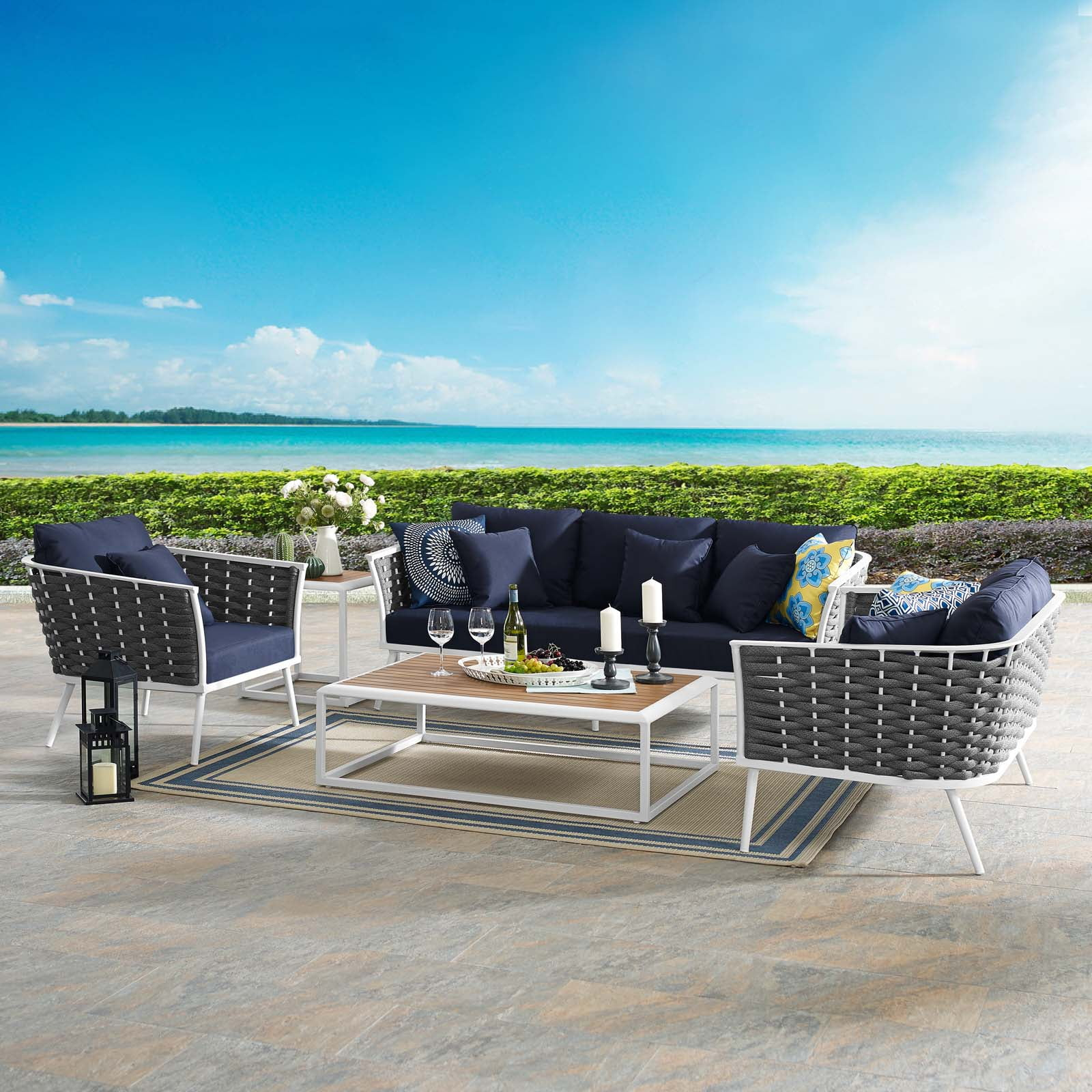 Modway Stance 6-Piece Aluminum & Fabric Patio Sofa Set In White & Navy ... throughout Modway Stance 6-Piece Aluminum & Fabric Patio Sofa Set In White/Gray