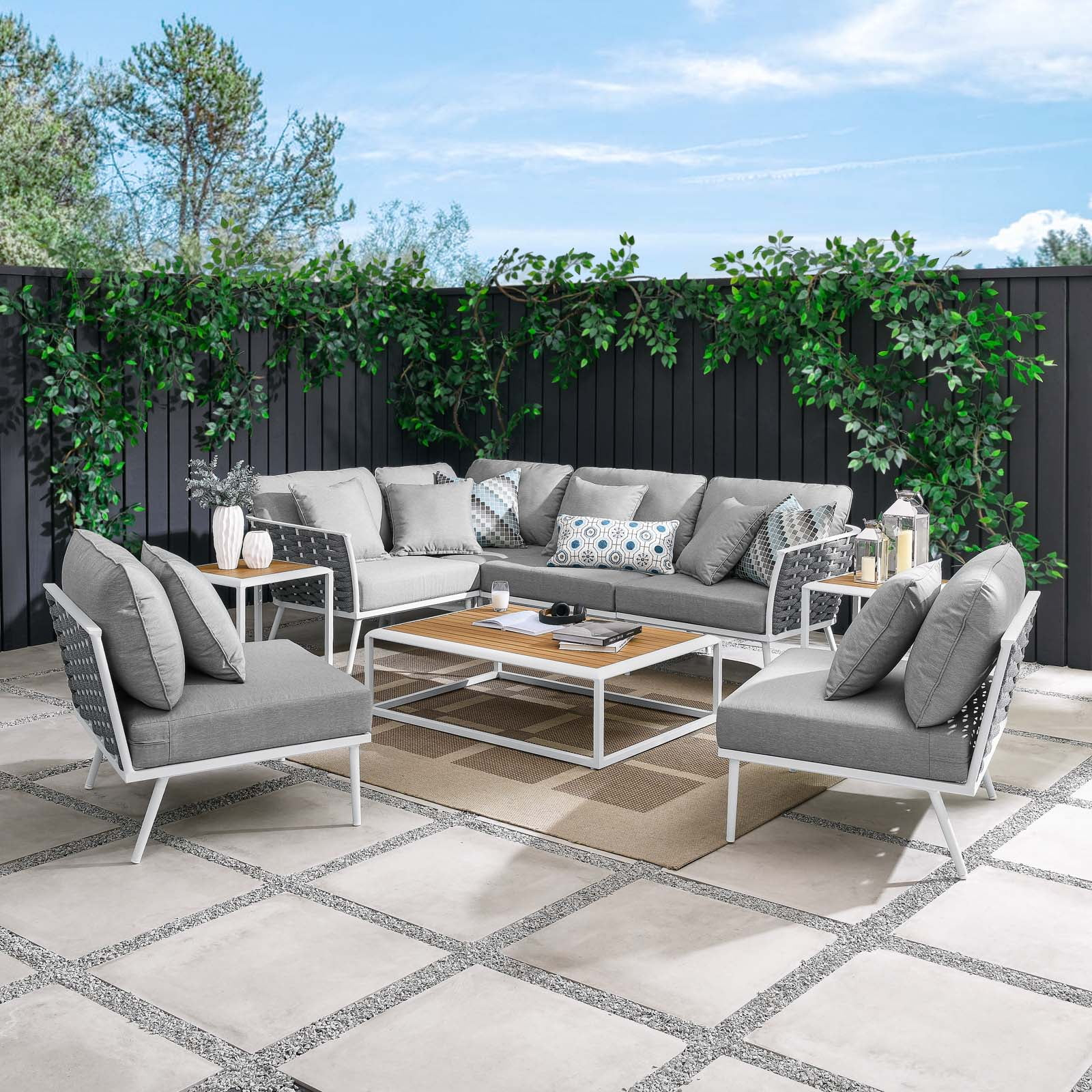 Modway Stance 9 Piece Aluminum Outdoor Patio Aluminum Sectional Sofa ... within Modway Stance 6-Piece Aluminum & Fabric Patio Sofa Set In White/Gray