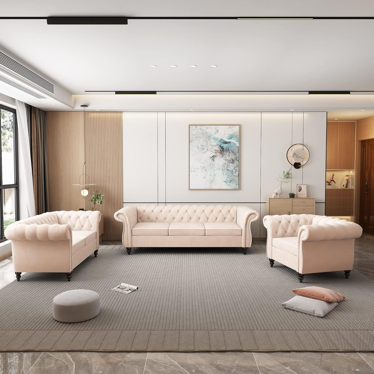 Orrd Beige Velvet Chesterfield 3 Piece Living Room Set ... inside Unveiling the Elegance of the Nervo Velvet Sofa Set A Design Journey