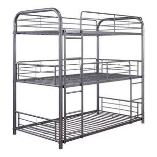 Pemberly Row Industrial Metal Triple Twin Bunk Bed In Gunmetal ... pertaining to Pemberly Row Triple Twin Farmhouse Metal Bunk Bed With Ladder Gunmetal