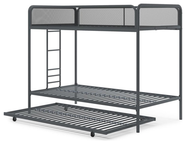 Pemberly Row Modern Metal Triple Twin Bunk Bed In Grey Metal ... in Pemberly Row Triple Twin Farmhouse Metal Bunk Bed With Ladder Gunmetal