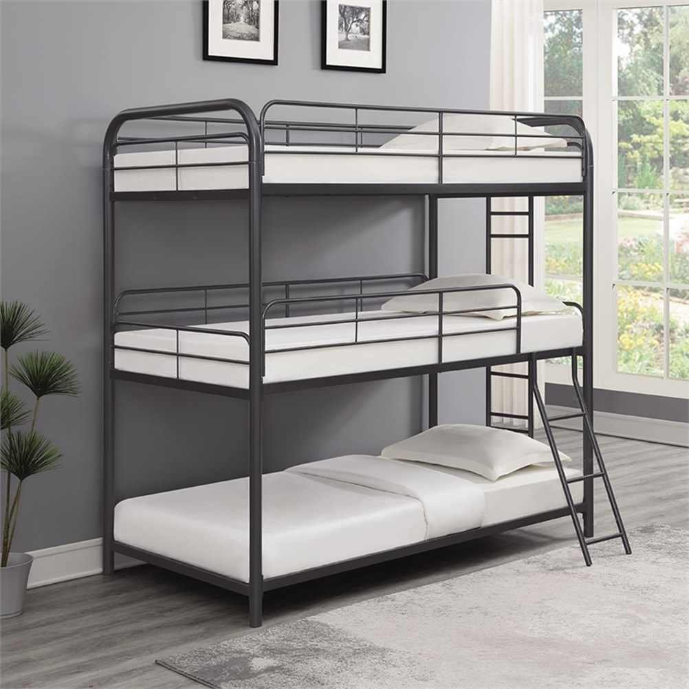 Pemberly Row Triple Twin Farmhouse Metal Bunk Bed With Ladder Gunmetal ... in Maximizing Space and Style with the Gunmetal Pemberly Row Bunk Bed