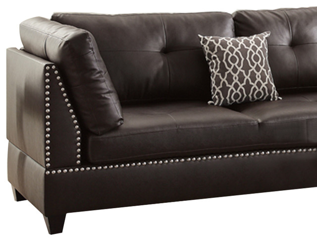Plushed Bonded Leather 3 Pieces Sectional Set In Brown - Transitional ... regarding Benzara Bm168760 Plushed Bonded Leather 3 Pieces Sectional Set, Brown