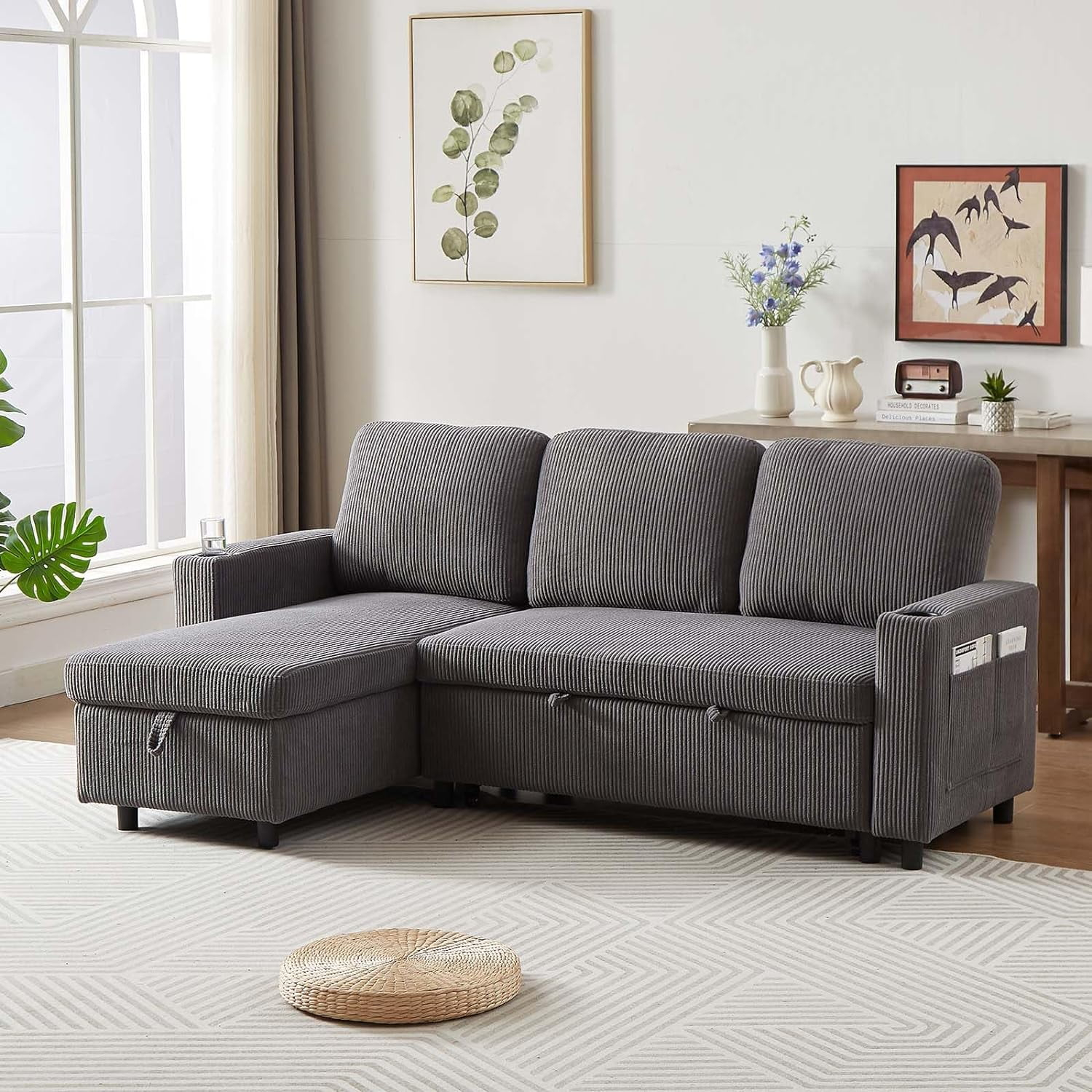 Reversible Sleeper Sectional Sofa Bed, Convertible Corduroy L-Shaped ... in Understanding the Durability and Care of Corduroy Upholstery