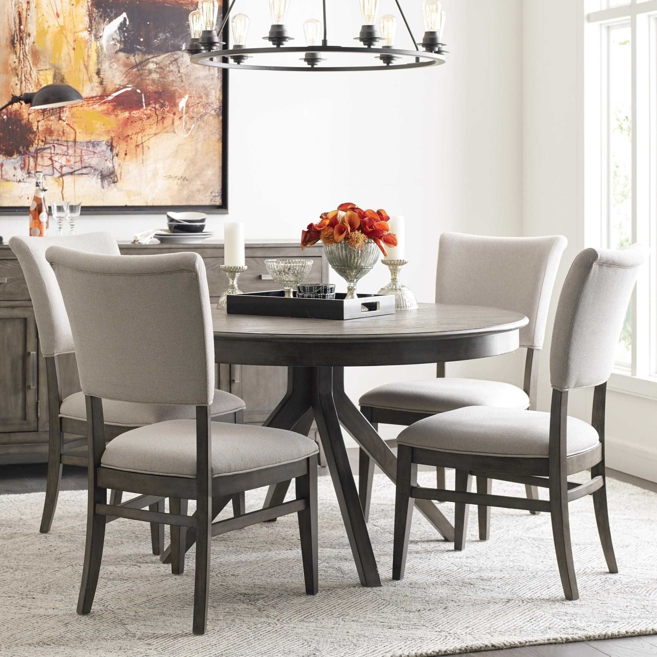 Round Dining Room Tables And Chairs regarding 6 Piece Round Dining Set With Geometric Back Chairs In Grey Walnut