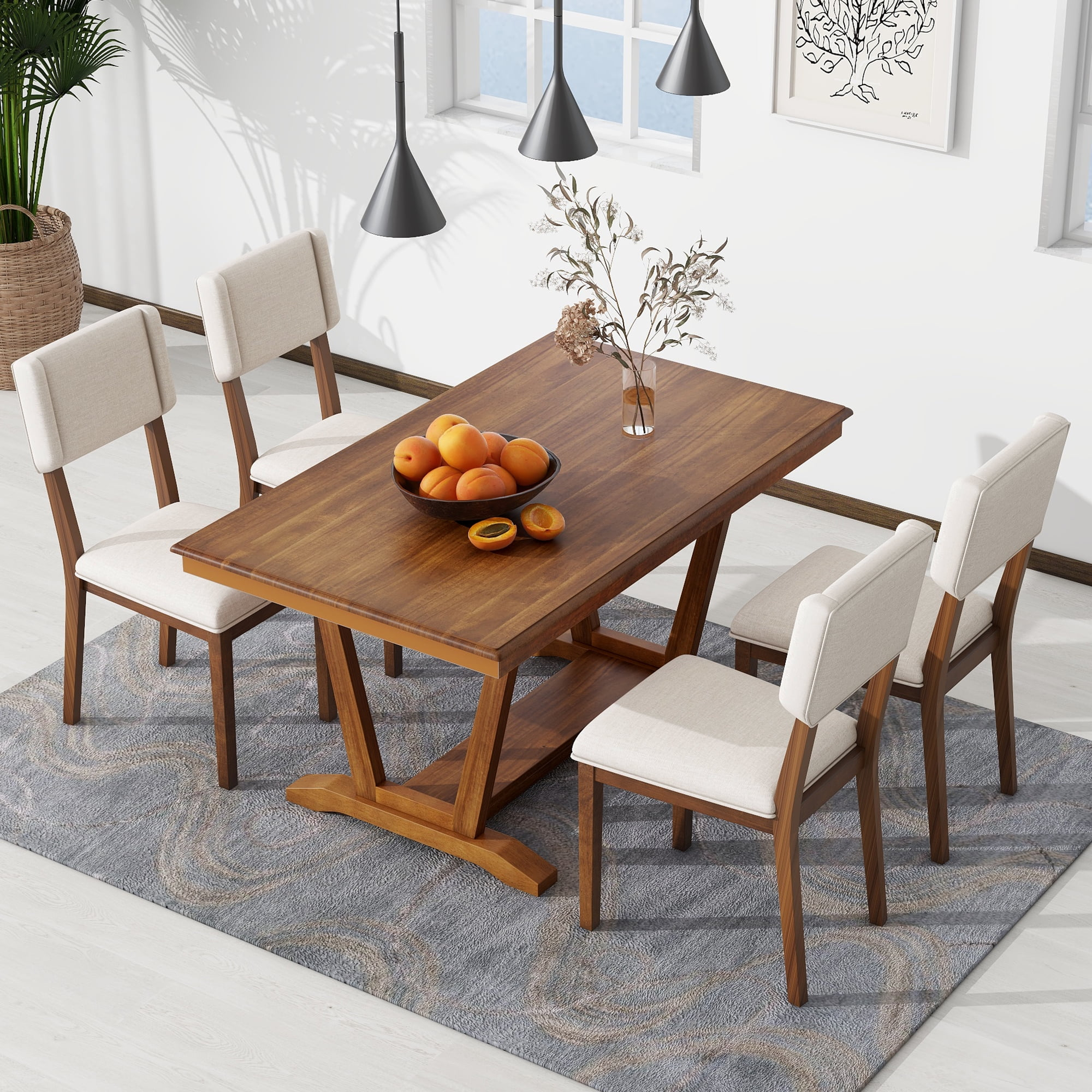 Rustic 5-Piece Dining Table Set With 4 Upholstered Chairs,59-Inch ... intended for Hardwood Chair Seats a Deep Dive into Durability and Design