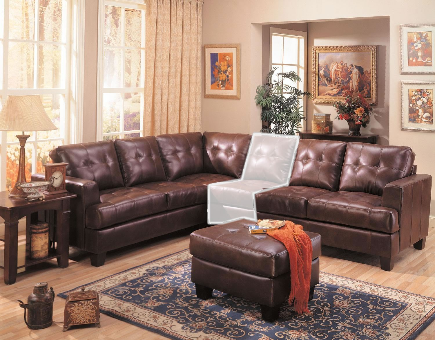 Samuel 3 Piece Brown Leather Sectional Sofa From Coaster (500911 ... with Benzara Bm168760 Plushed Bonded Leather 3 Pieces Sectional Set, Brown