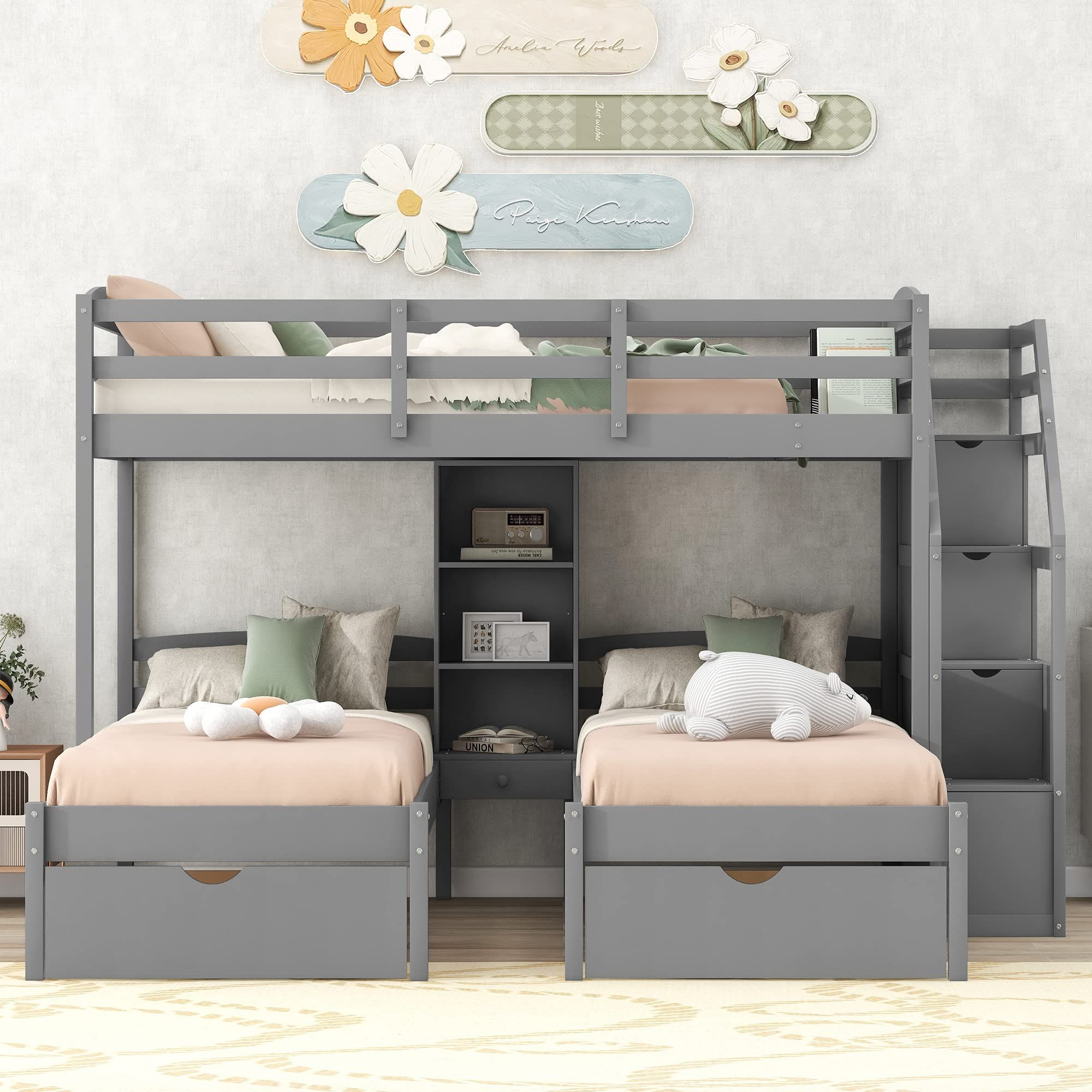 Triple Bunk Bed With Stairs, Twin Over Twin & Twin Bunk Bed For 3 ... pertaining to Assembling Your Gewnee Velvet Bunk Bed A Step by Step Guide for a Smooth Setup