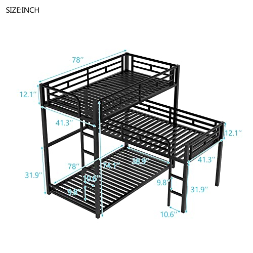 Triple Bunk Beds, L-Shaped Bunk Bed For 3 Kids Adults With 2 Built-In ... with regard to Tateus Space-Saving Metal Triple Bunk Bed With Full-Length Guardrails Twin Size, Black