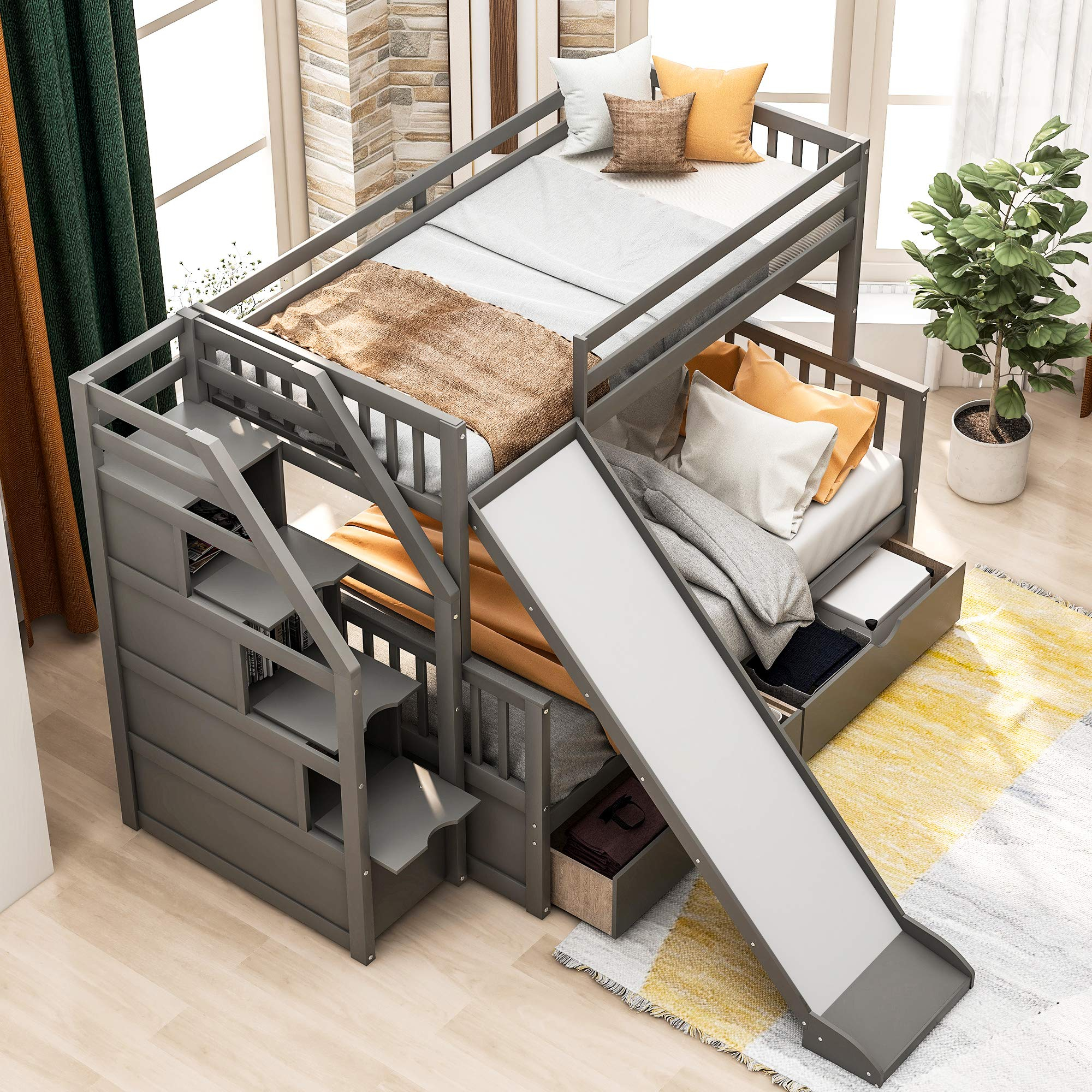 Twin Over Full Bunk Bed, Solid Wood Bunk Bed Frame With 3 Storage Grids ... within Beyond the Bed Understanding the Value of Gewnee's Storage Drawers
