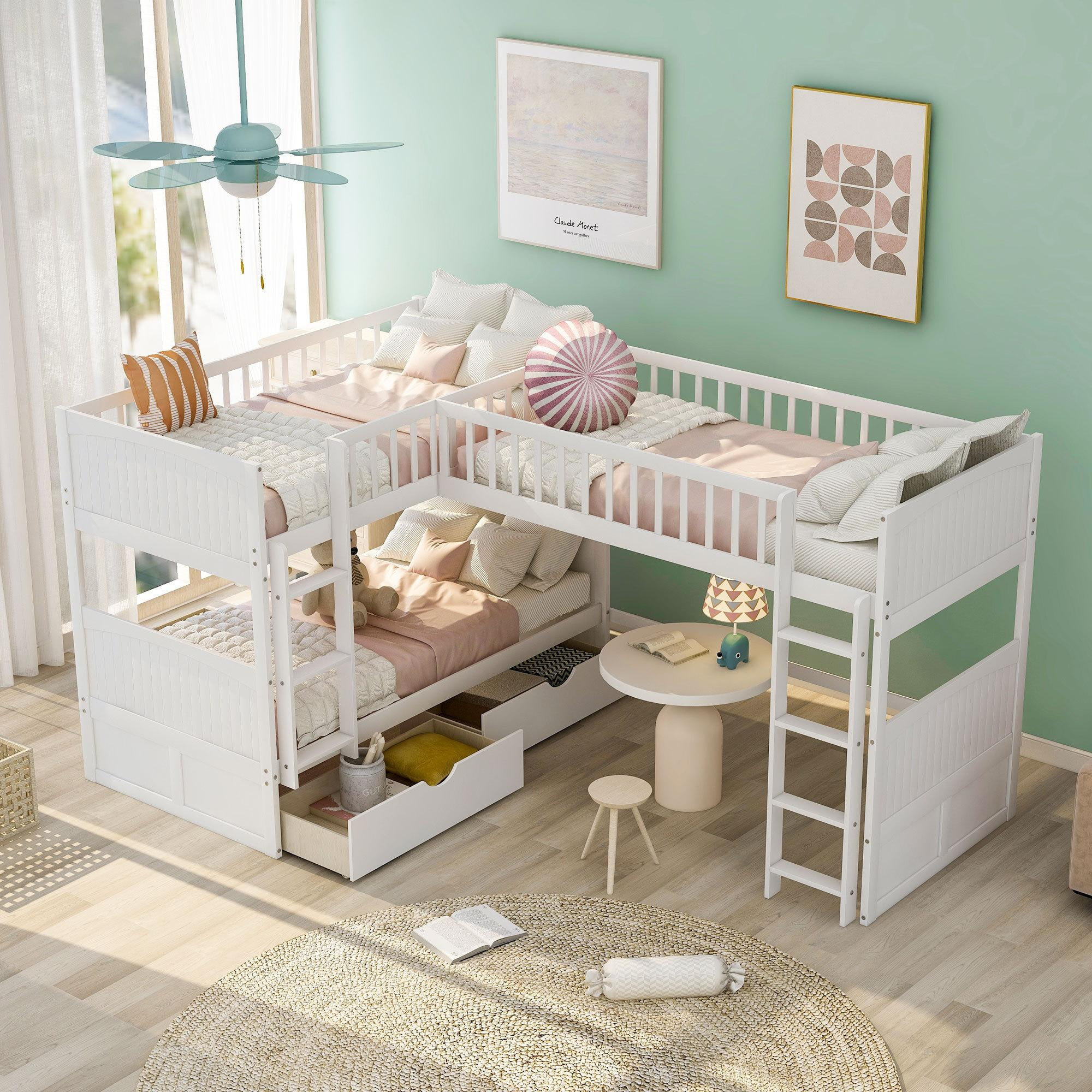 Twin Over Twin Triple Bunk Bed For 3, L-Shaped Bunk Bed Frame With ... with regard to Assembling Your Gewnee Velvet Bunk Bed A Step by Step Guide for a Smooth Setup
