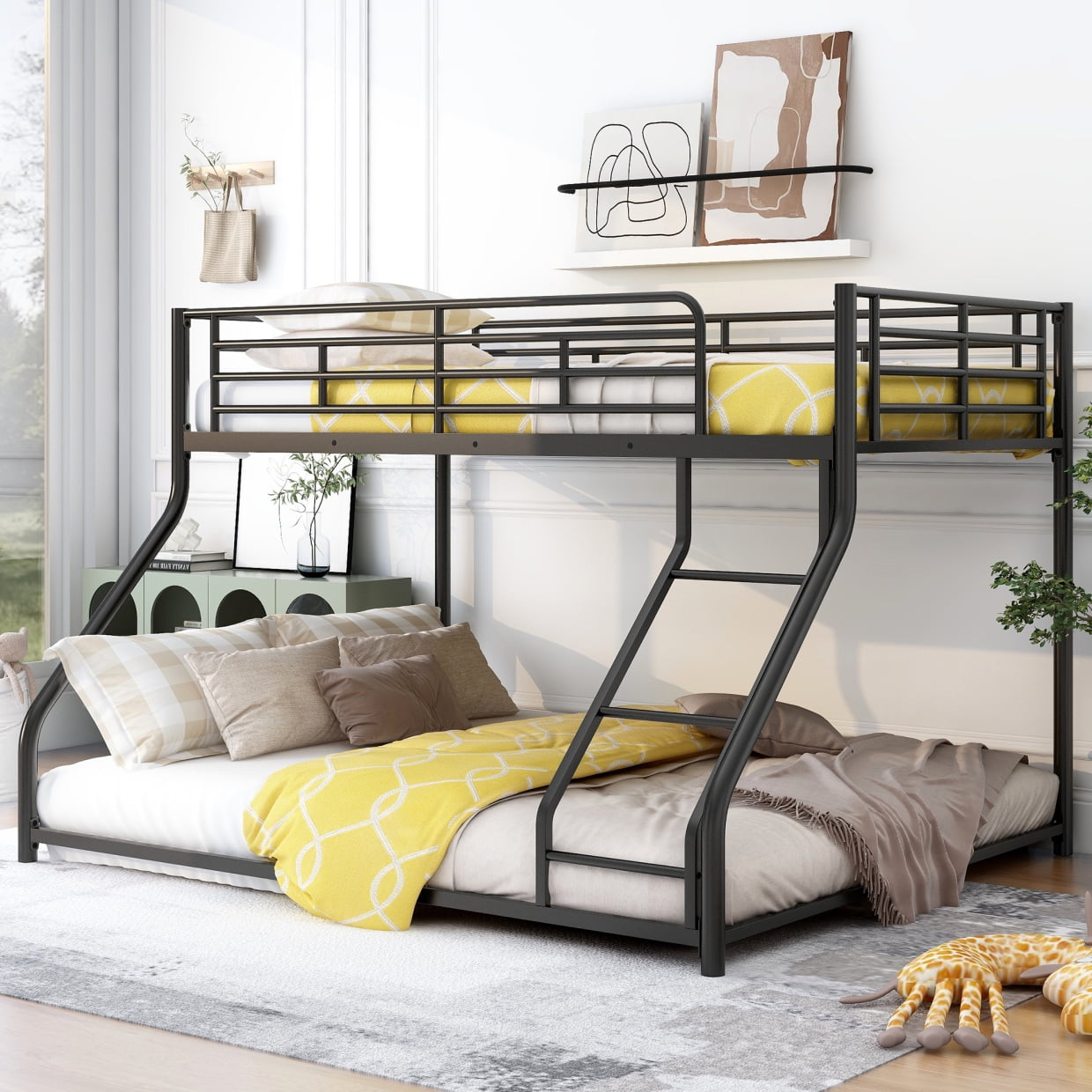 Twin Xl Over Queen Metal Bunk Bed, Floor Bunk Bed With Ladders & Safety ... intended for Gewnee Queen Over Queen Metal Bunk Bed