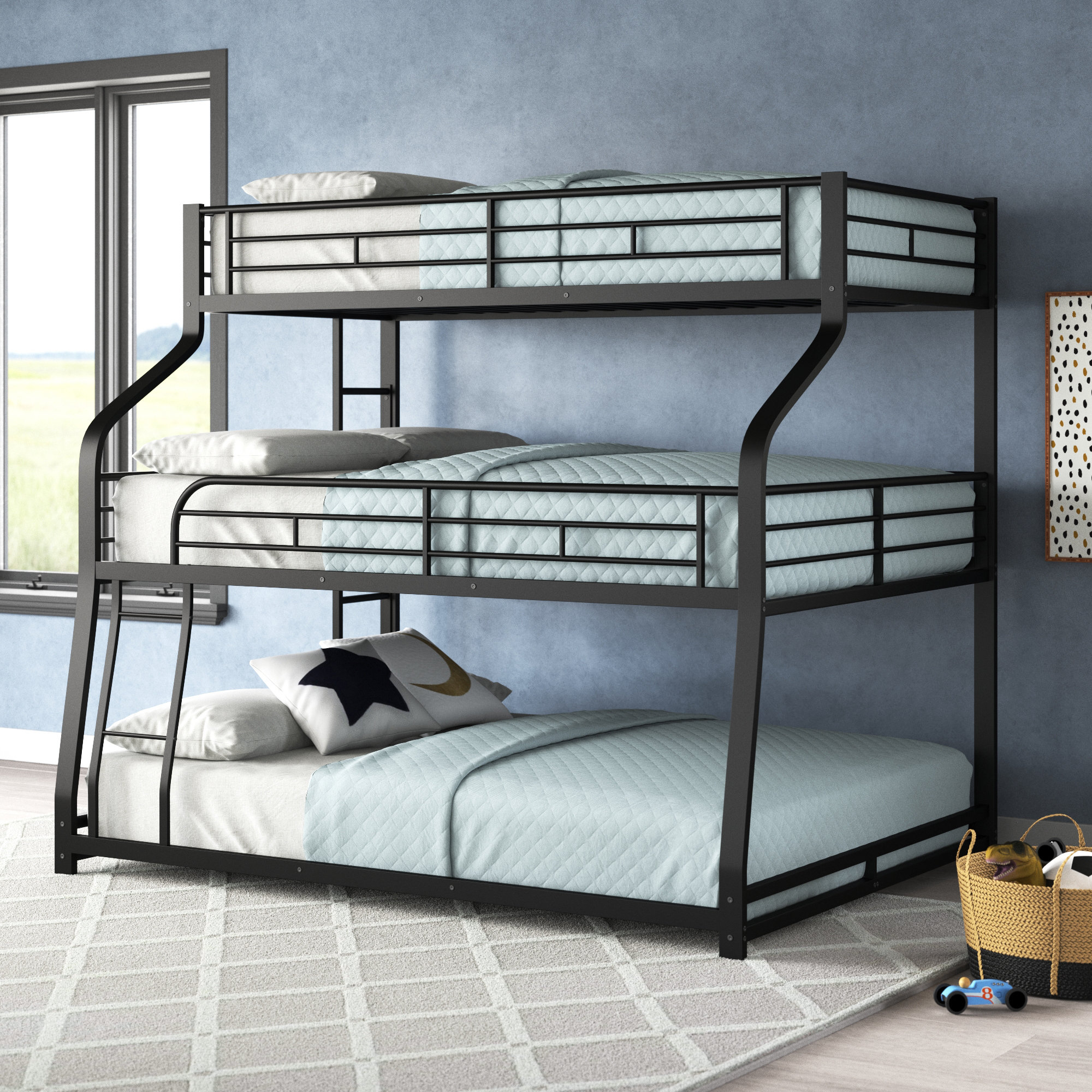Viv + Rae Hust Metal Triple Bunk Bed With Ladder And Full-Length ... intended for Tateus Space-Saving Metal Triple Bunk Bed With Full-Length Guardrails Twin Size, Black